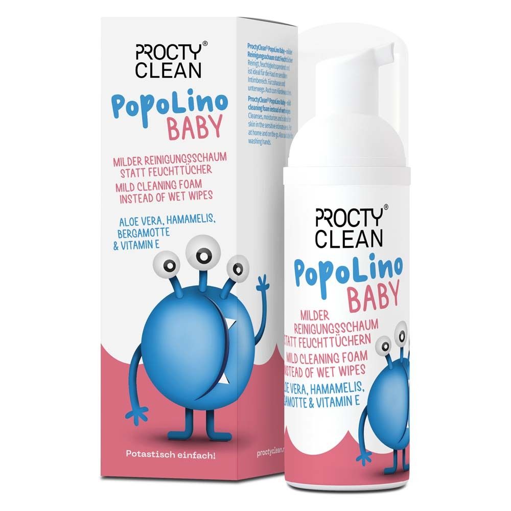 ProctyClean PopoLino Baby. Flacon blanc avec pompe et étiquette. Boîte avec produit et illustration de monstre.