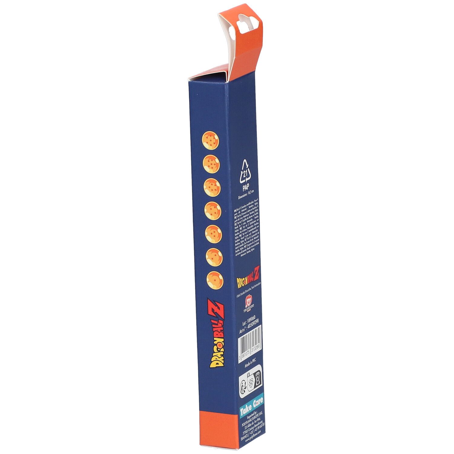 Boîte bleu foncé avec logo Dragon Ball Z et six Dragon Balls.