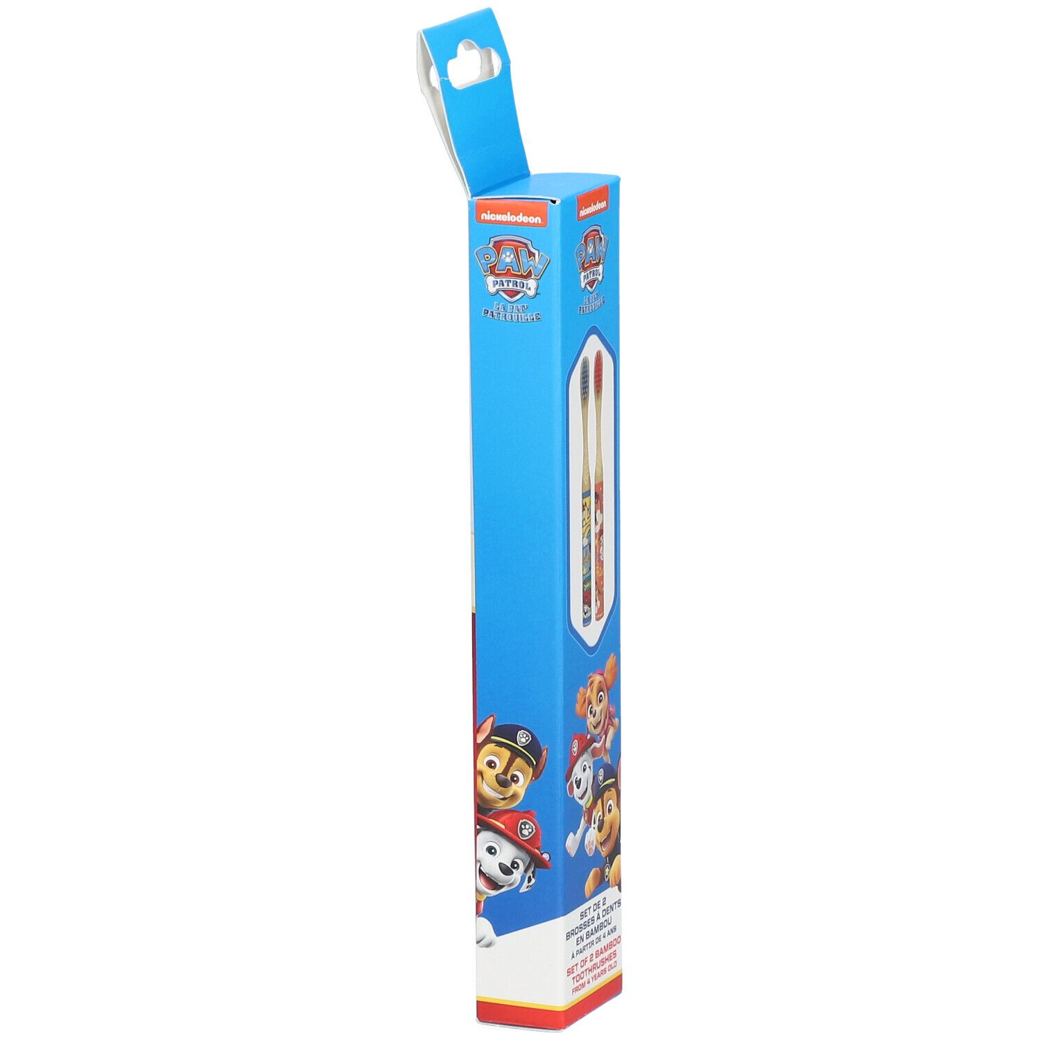 Emballage en carton bleu avec deux brosses à dents en bambou. Personnages et logo de Pat' Patrouille imprimés.