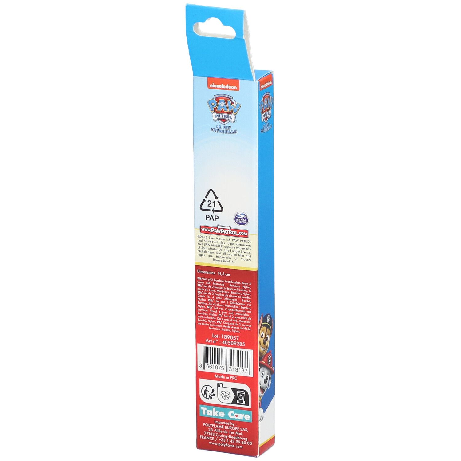 Dos de l'emballage en carton bleu avec texte et logos. Logo Pat' Patrouille et informations sur le produit.
