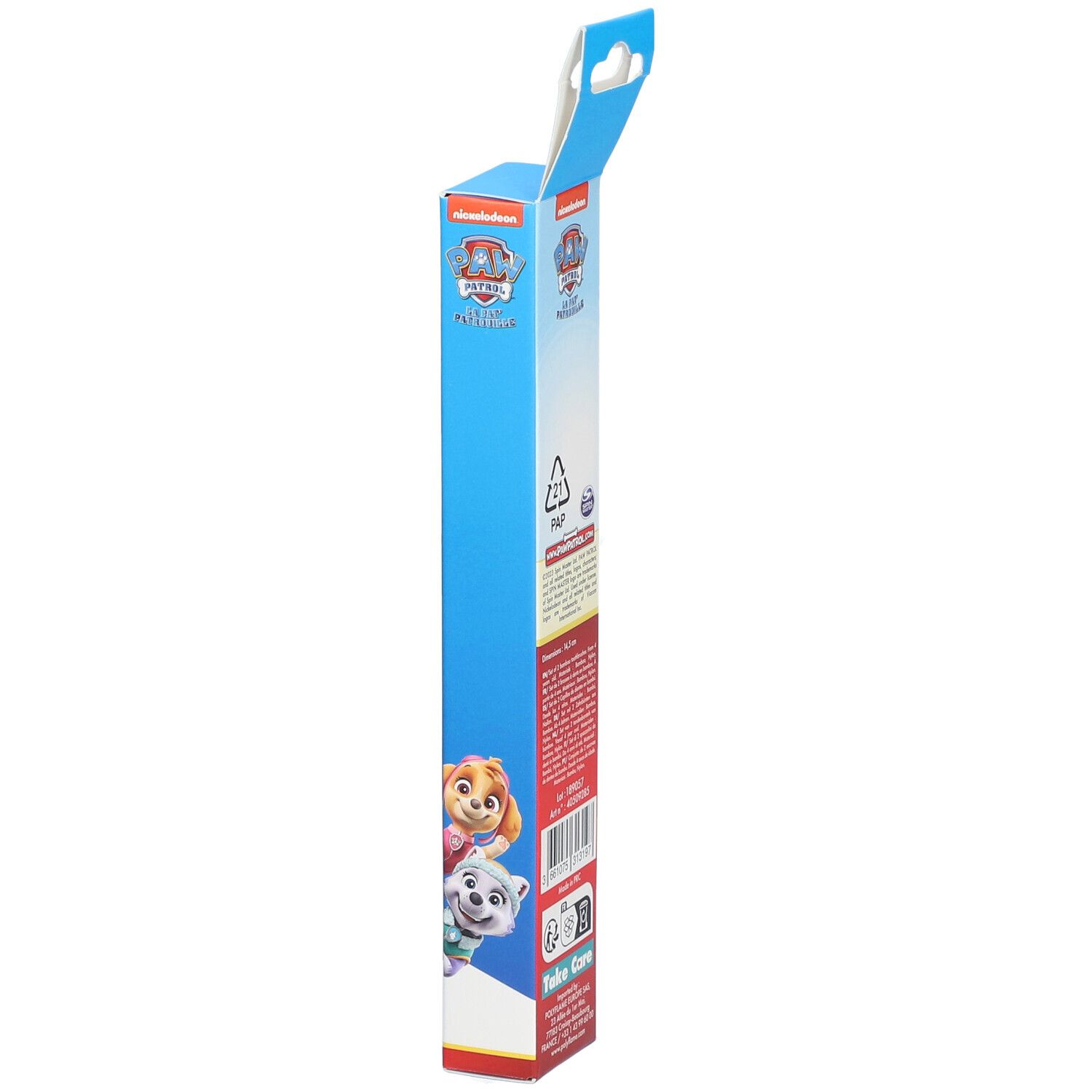 Emballage en carton bleu avec personnages de Pat' Patrouille. Dos avec texte et logos, dont le logo Take Care.