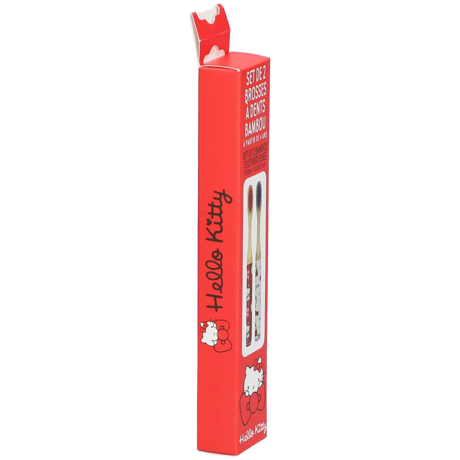 Vue latérale d'une boîte rouge avec logo Hello Kitty. Contient deux brosses à dents en bambou. Texte: Set de 2, à partir de 4 ans.