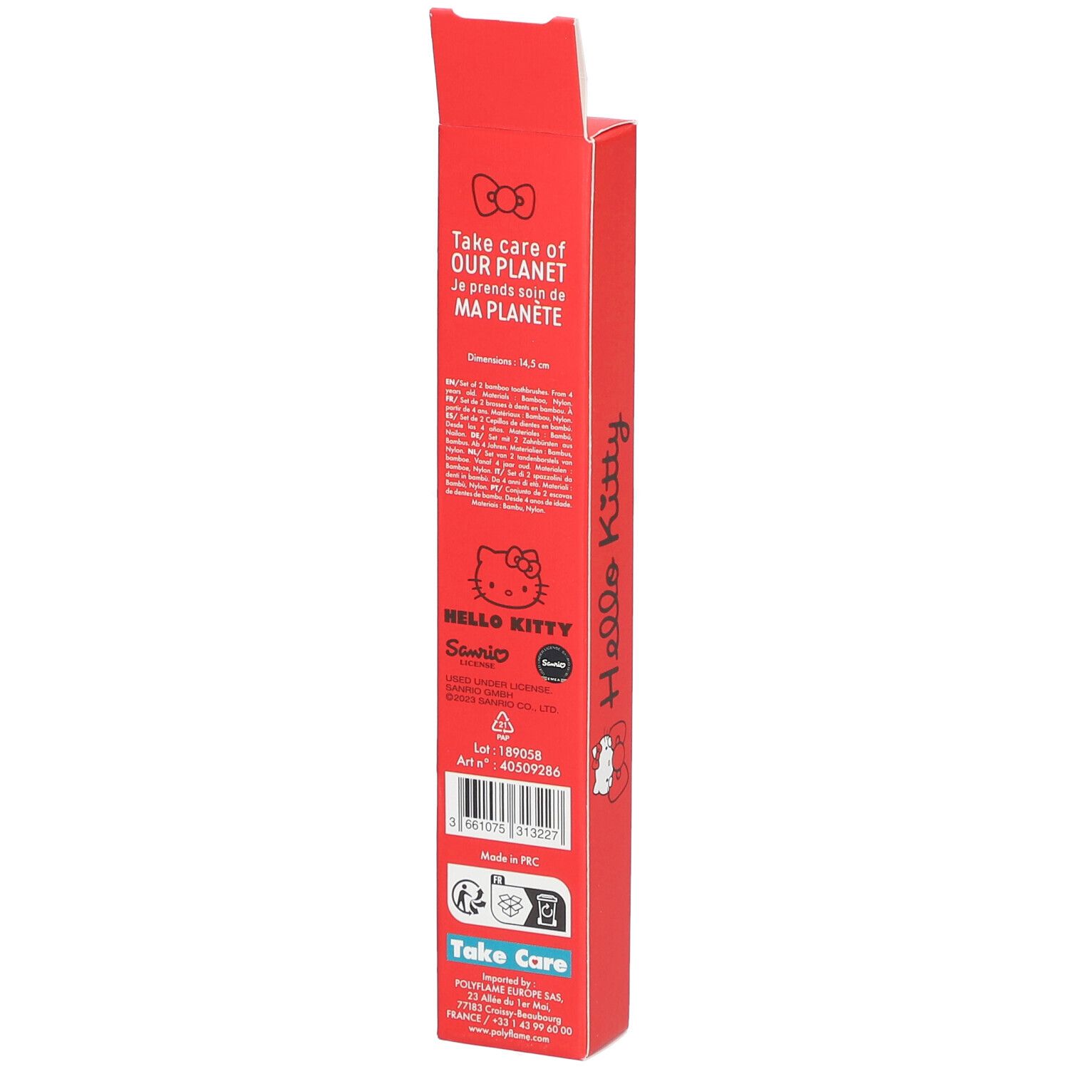 Dos d'une boîte rouge avec texte et logo Hello Kitty. Contient deux brosses à dents en bambou. Texte: Set de 2, à partir de 4 ans.