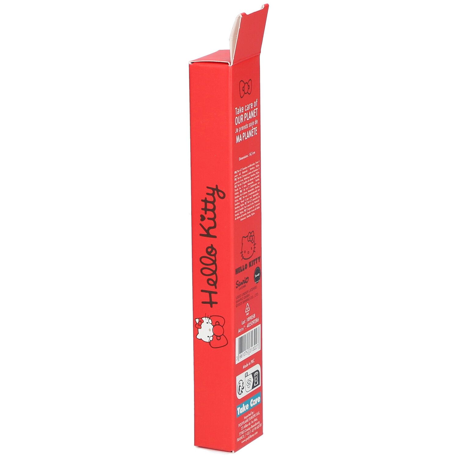 Vue latérale d'une boîte rouge avec texte et logo Hello Kitty. Contient deux brosses à dents en bambou. Texte: Set de 2, à partir de 4 ans.
