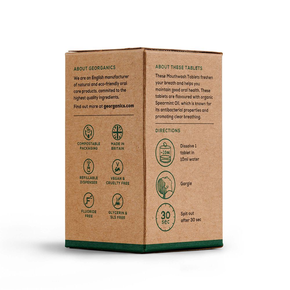 Emballage en carton avec informations sur les comprimés de bain de bouche. Contient des logos pour emballage compostable et végétalien.