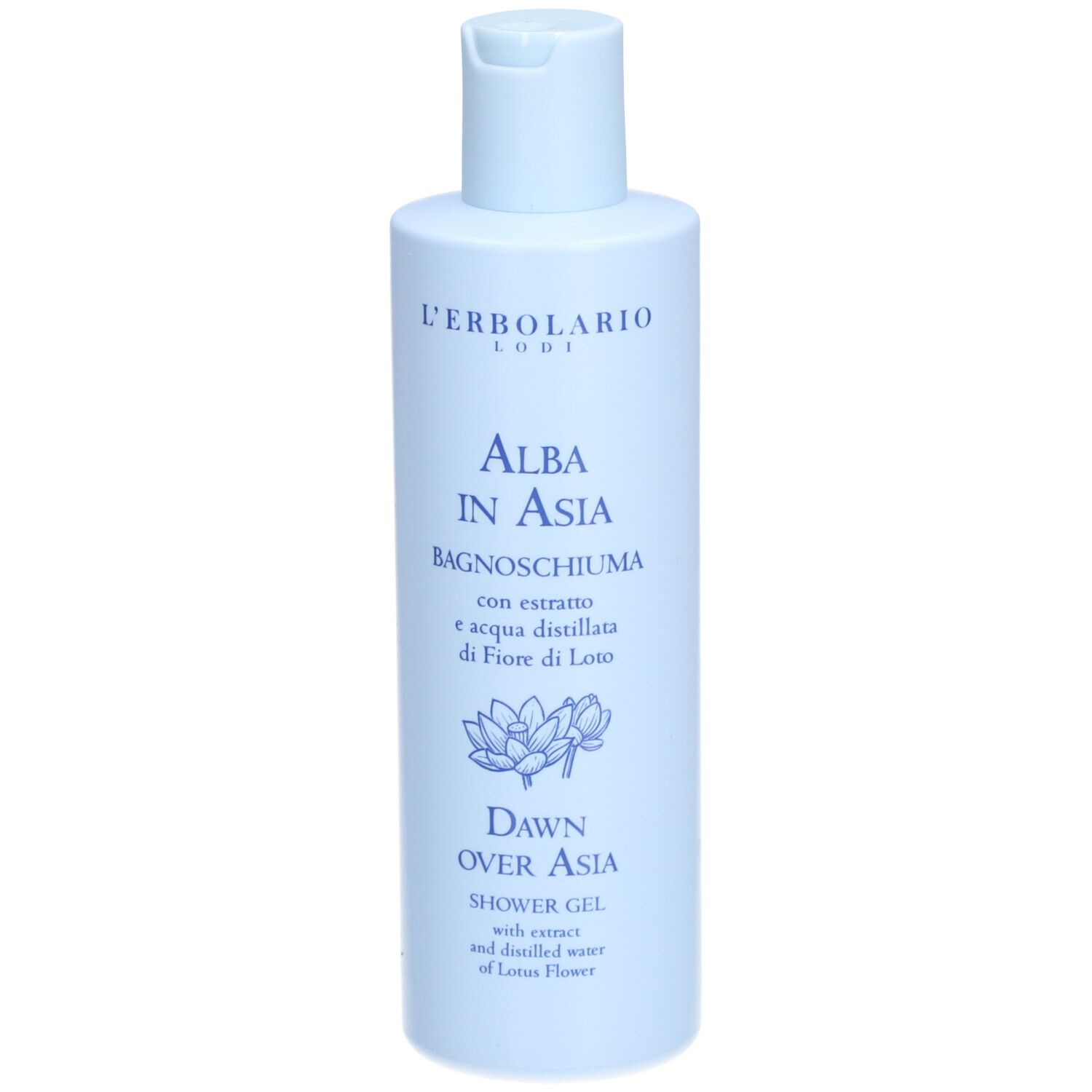 Flacon bleu clair avec logo L'Erbolario, inscription "Alba in Asia" et "Dawn Over Asia" Shower Gel.