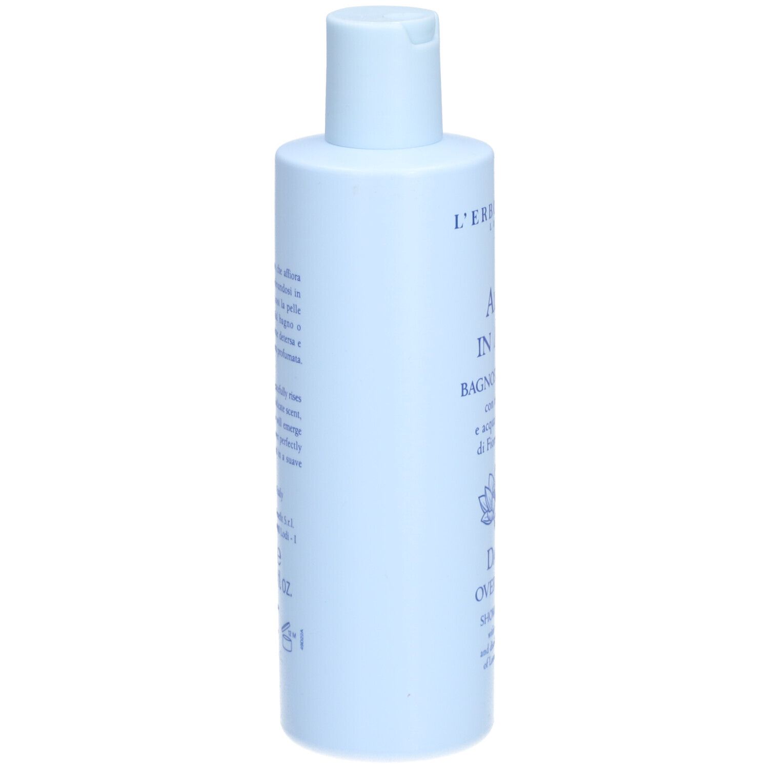 Bouteille bleu clair avec bouchon rabattable contenant un produit de bain.