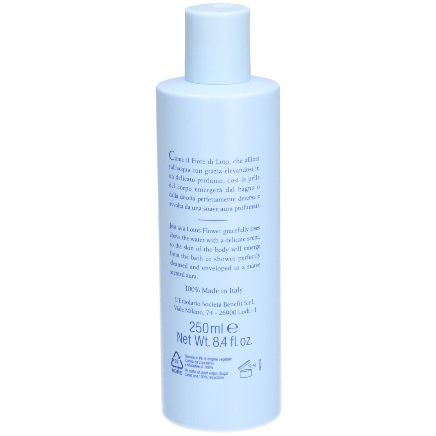 Bouteille bleu clair avec inscription blanche, 250 ml.