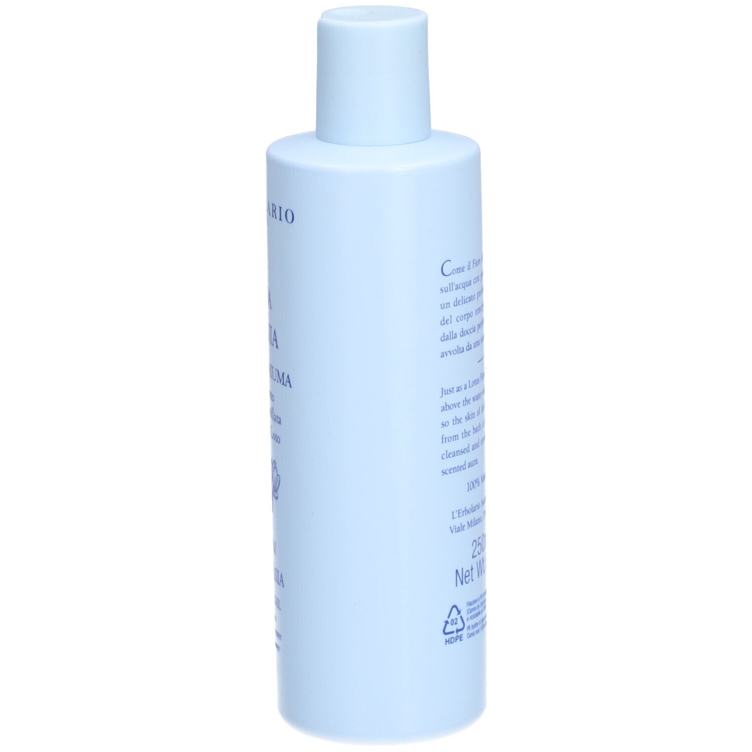 Bouteille bleu clair avec bouchon blanc. Contient 250 ml.