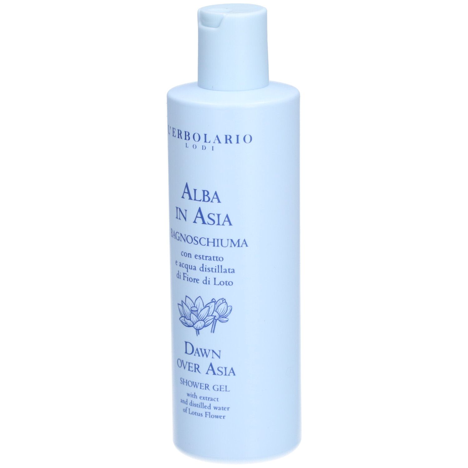 Flacon bleu clair de gel douche. Étiquetage : 'ALBA IN ASIA', 'BAGNOSCHIUMA', 'DAWN OVER ASIA', 'SHOWER GEL'.