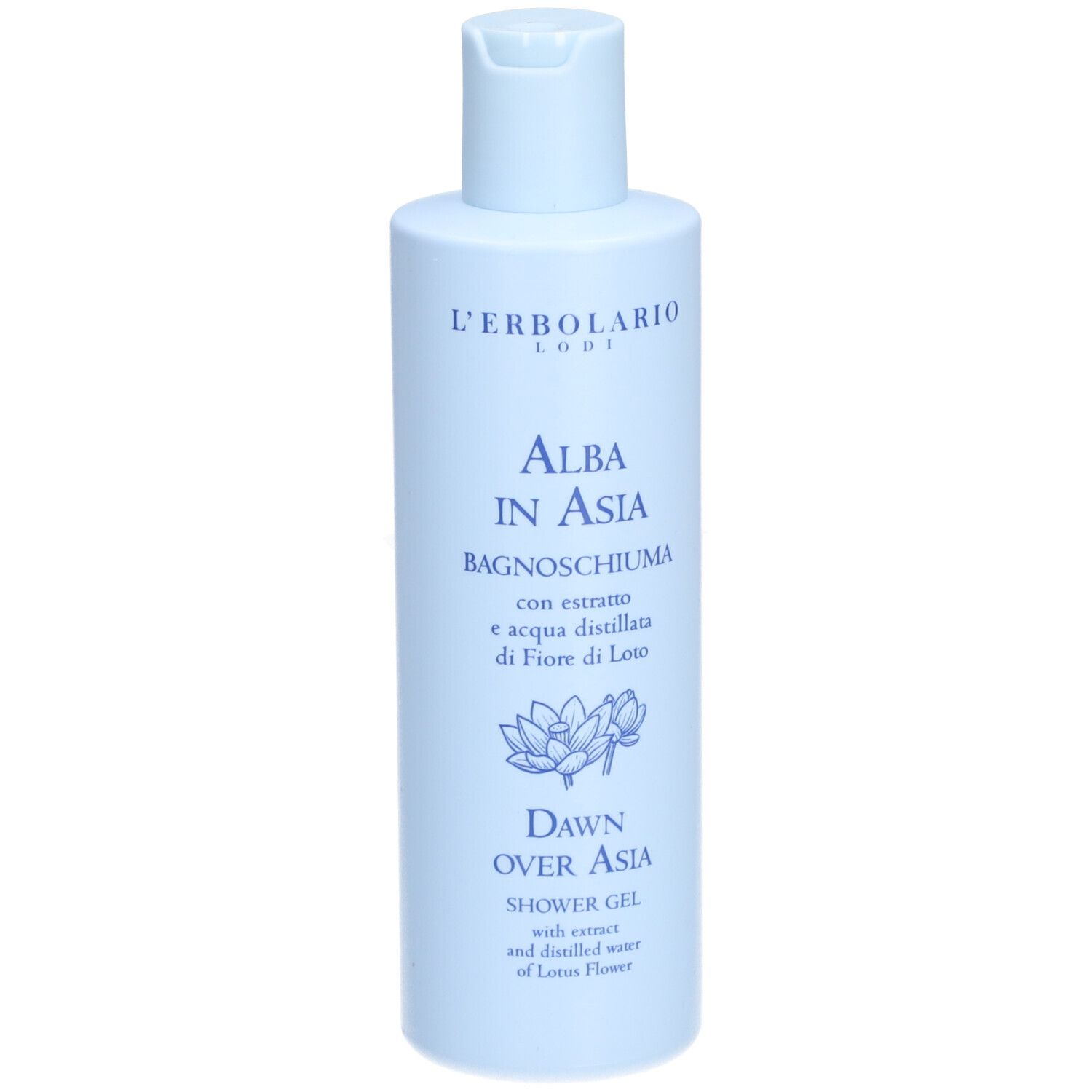 Flacon bleu clair de gel douche L'Erbolario Alba in Asia, avec motif de fleur de lotus.