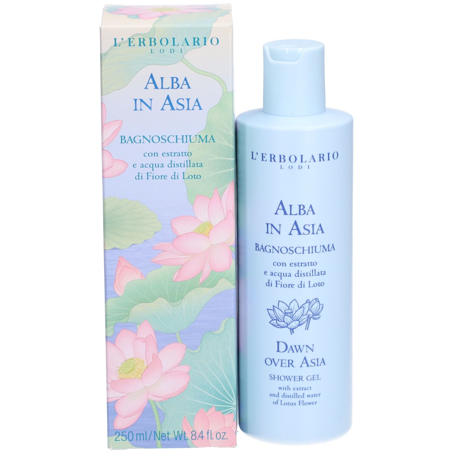 Gel douche L'Erbolario Alba in Asia et boîte, motif fleur de lotus.