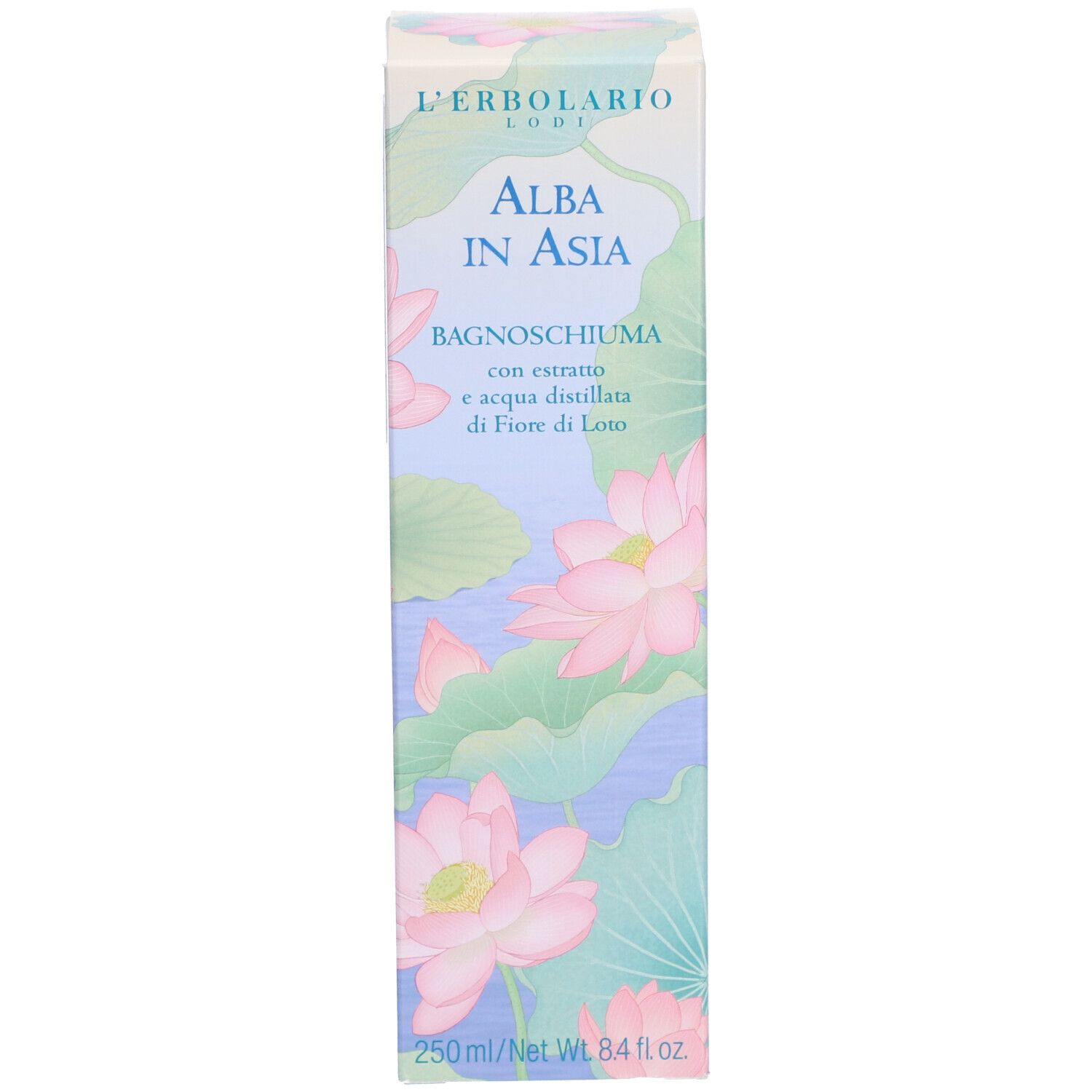 L'Erbolario Alba in Asia Mousse de bain, 250ml. Boîte décorée de fleurs de lotus.