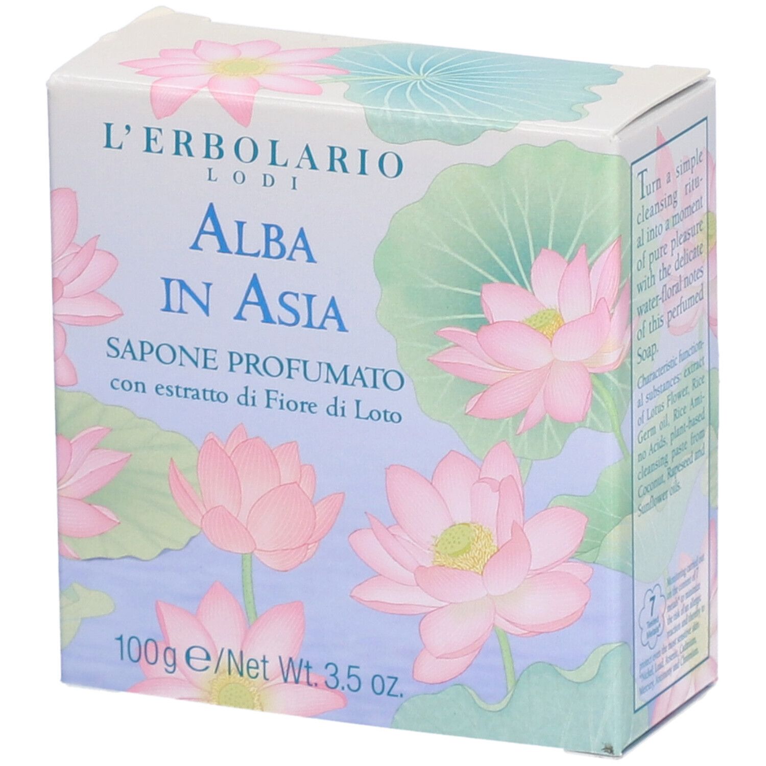 Boîte avec fleurs de lotus roses et texte "ALBA IN ASIA". Contient du savon parfumé à l'extrait de fleur de lotus. 100g.