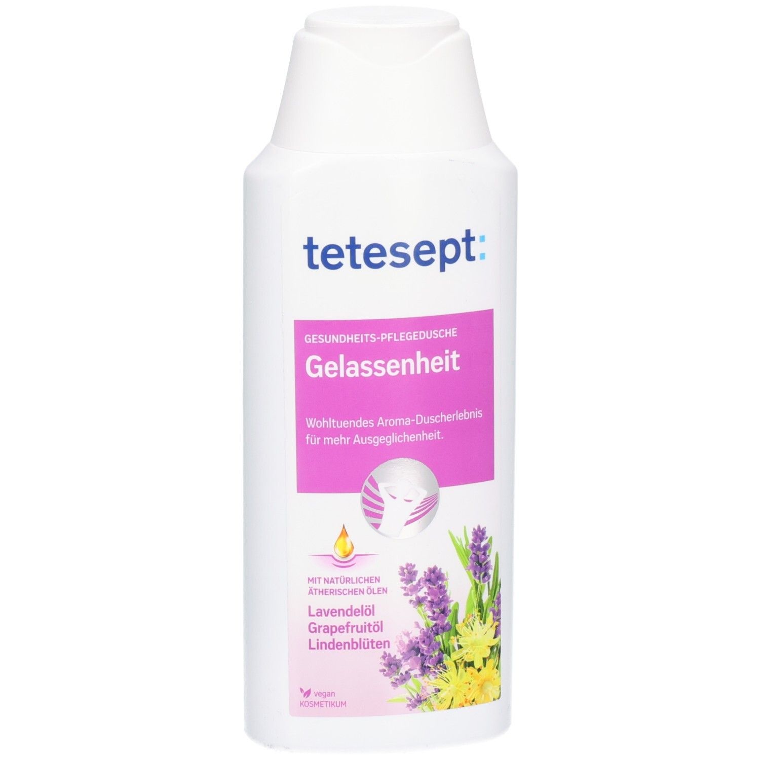 Bouteille blanche tetesept® Gelée de douche apaisante avec étiquette rose et motif lavande.