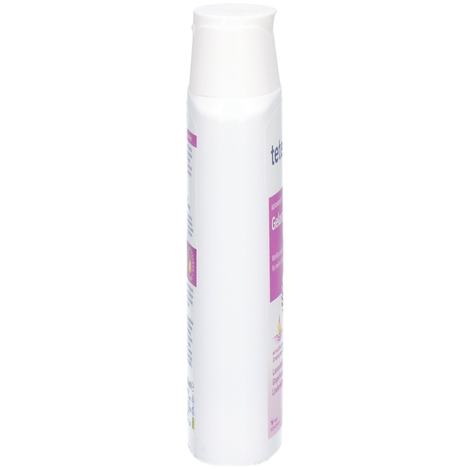 Vue latérale de la bouteille blanche tetesept® Gelée de douche apaisante.