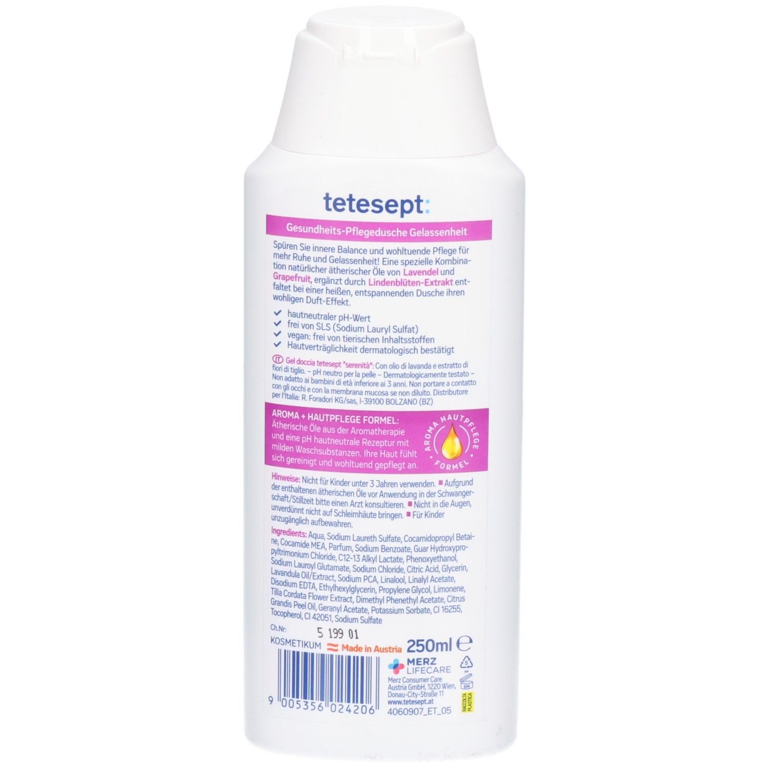 Dos de la bouteille tetesept® Gelée de douche apaisante avec liste des ingrédients et instructions.