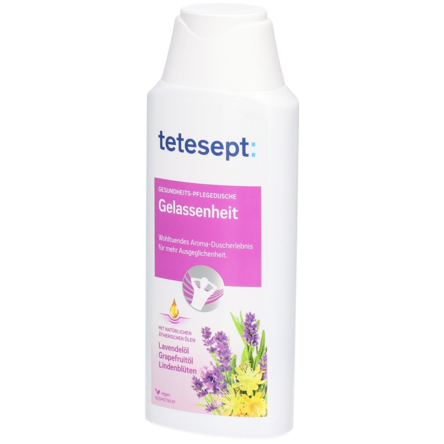 Bouteille blanche tetesept® Gelée de douche apaisante avec étiquette rose et motif lavande.