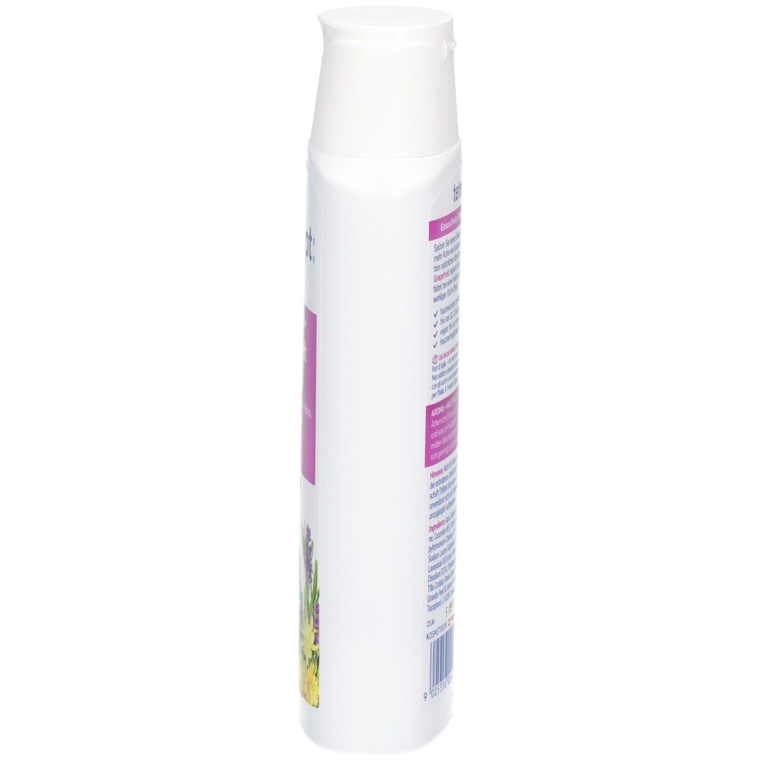 Vue latérale de la bouteille blanche tetesept® Gelée de douche apaisante.