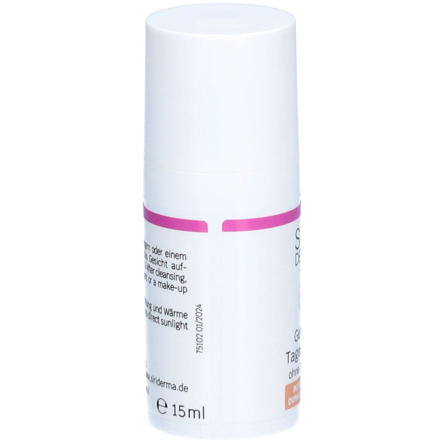 Flacon blanc avec bande rose. Inscription : SIRI DERMA FACE, Crème de jour teintée, sans parfum. Dos avec texte et 15ml.