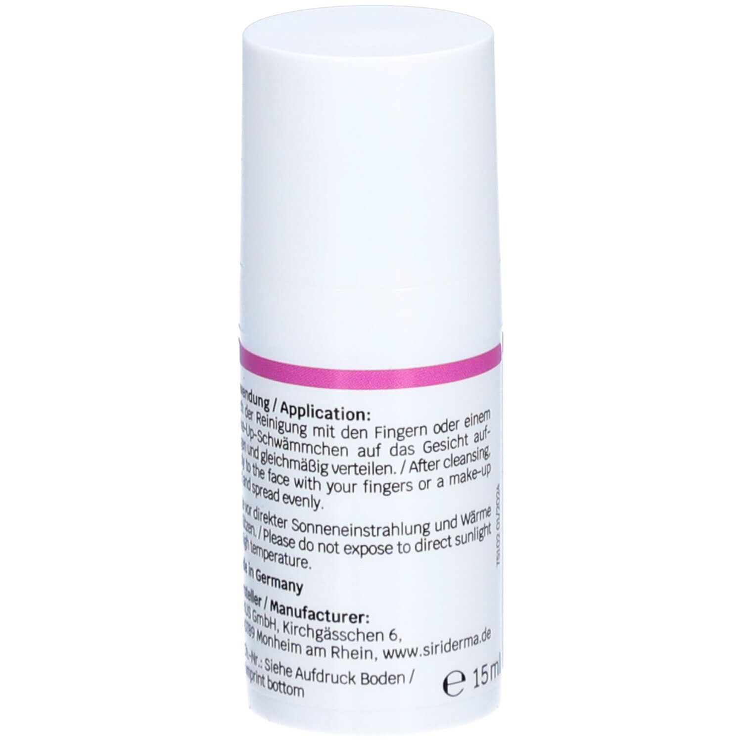 Flacon blanc avec bande rose. Dos avec texte, instructions d'utilisation. Informations fabricant et 15ml.