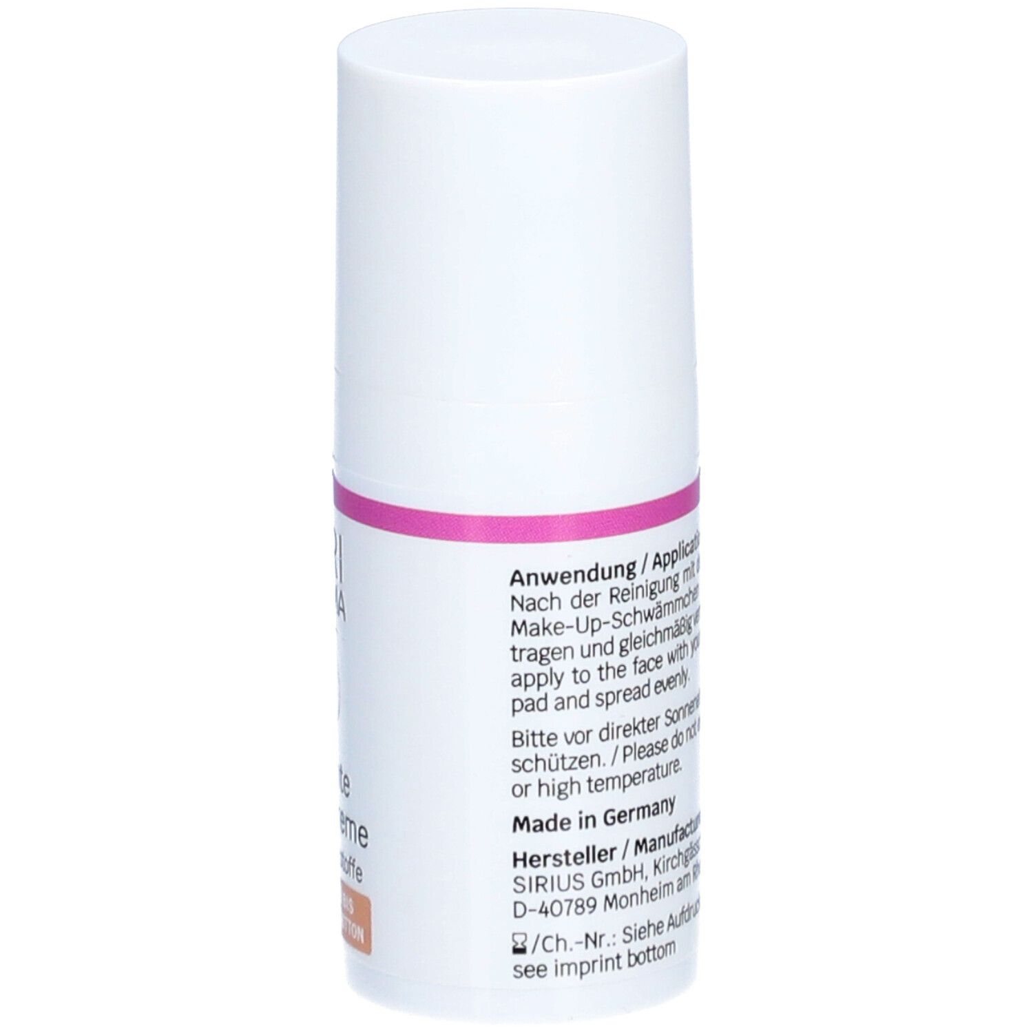 Flacon blanc avec bande rose. Dos avec texte, instructions d'utilisation. Informations fabricant et 15ml.