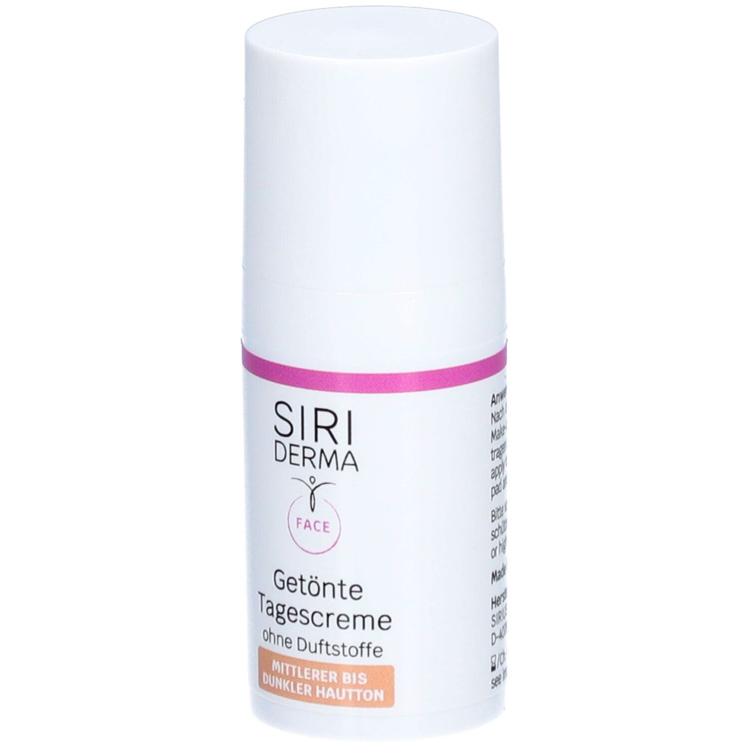 Flacon blanc avec bande rose. Inscription : SIRI DERMA FACE, Crème de jour teintée, sans parfum. Pour peaux moyennes à foncées.