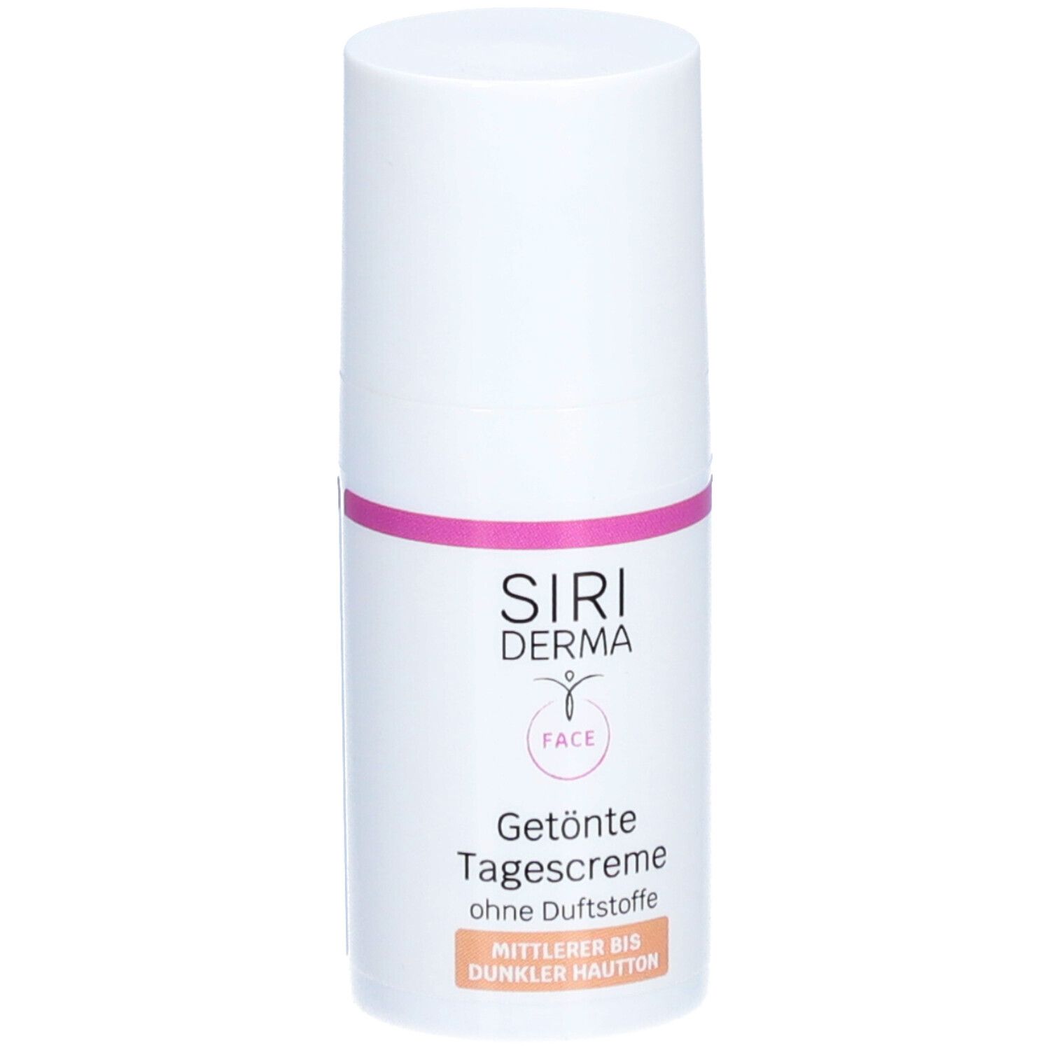 Flacon blanc avec bande rose. Inscription : SIRI DERMA FACE, Crème de jour teintée, sans parfum. Pour peaux moyennes à foncées.