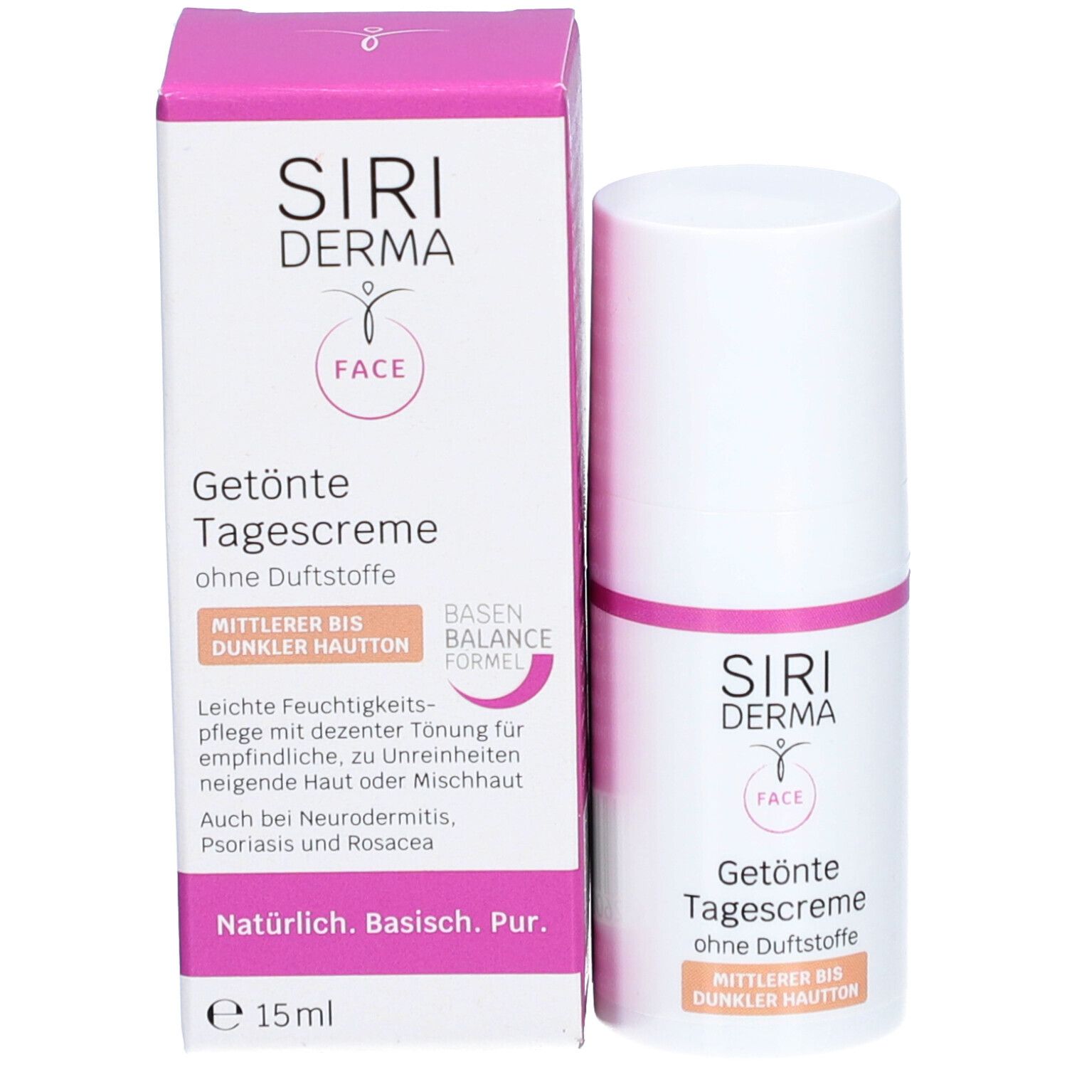 Produit et emballage. Flacon blanc et carton. Inscription : SIRI DERMA FACE, Crème de jour teintée, sans parfum. 15ml.