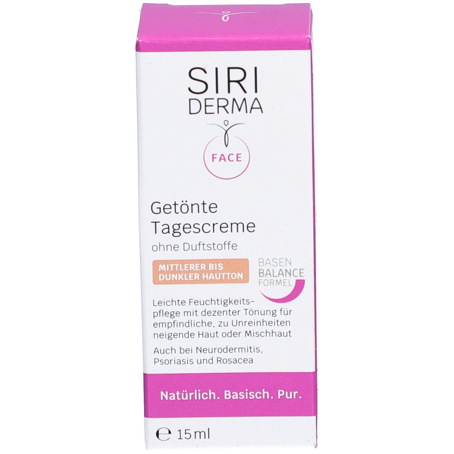 Emballage carton. Inscription : SIRI DERMA FACE, Crème de jour teintée, sans parfum. Pour peaux moyennes à foncées. 15ml.