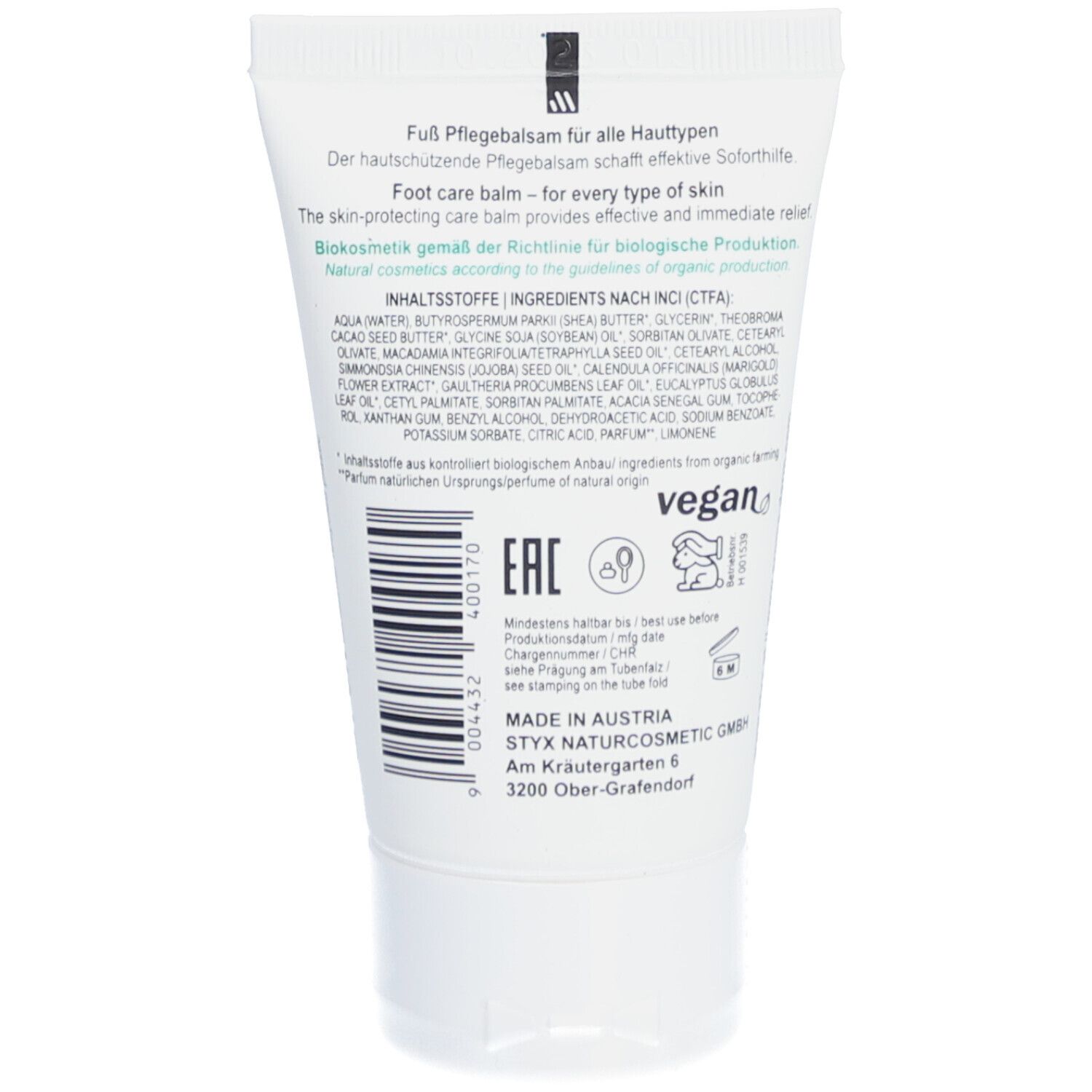 Dos du tube. Texte: Fuß Pflegebalsam für alle Hauttypen, ingrédients, vegan. Code EAN, label Bio.