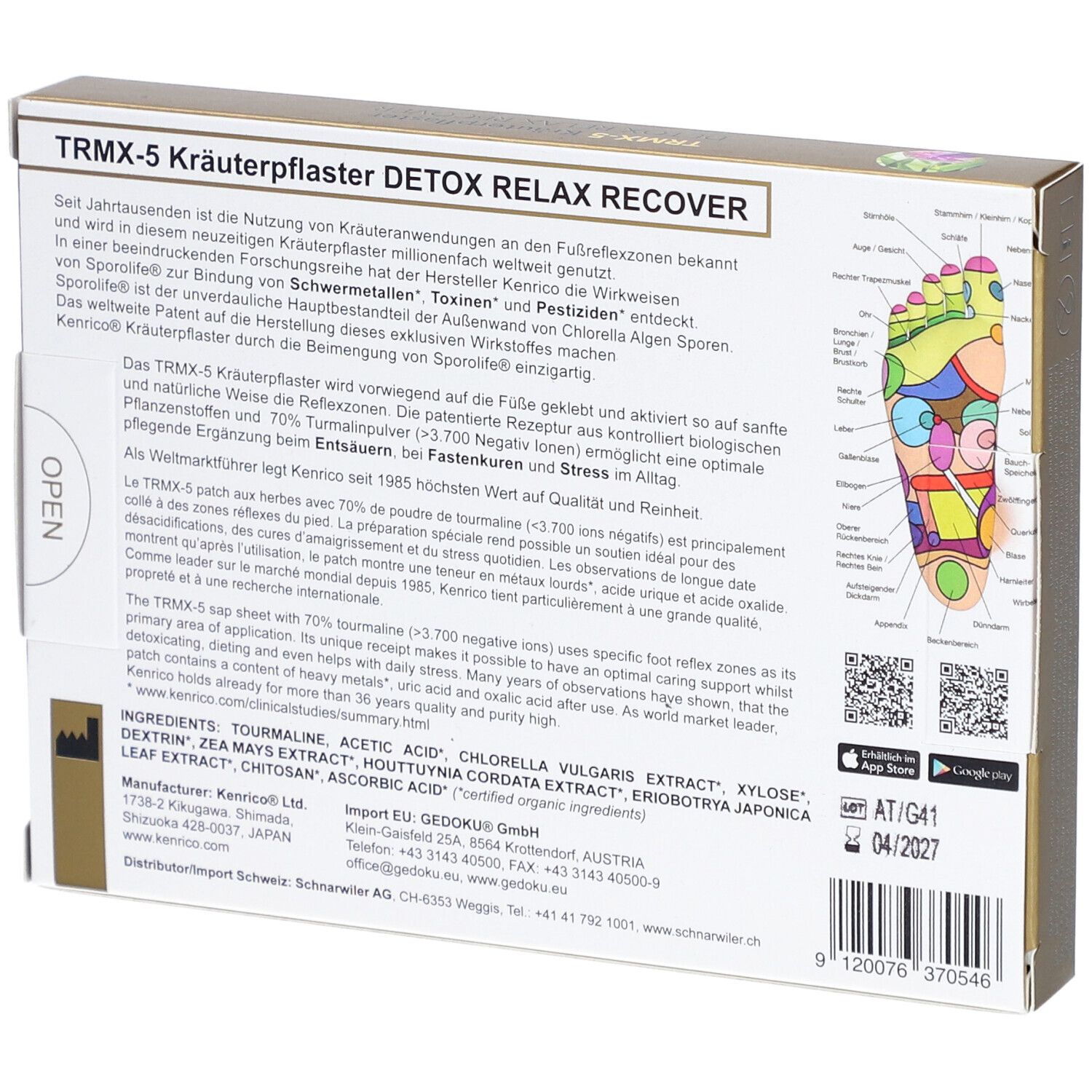Dos de l'emballage avec texte. Inscription : TRMX-5 Kräuterpflaster Detox Relax Recover. Code QR et logos.