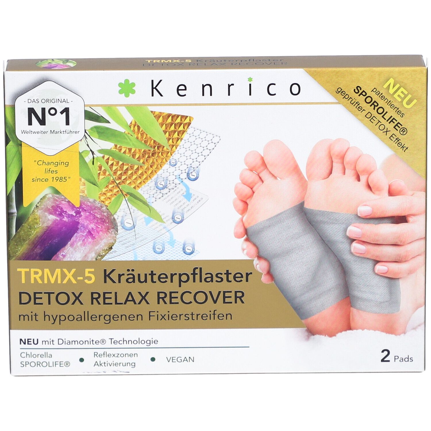 Boîte de patchs aux herbes. Inscription : TRMX-5, Detox, Relax, Recover. Illustration de pieds avec patchs. Marque : Kenrico.