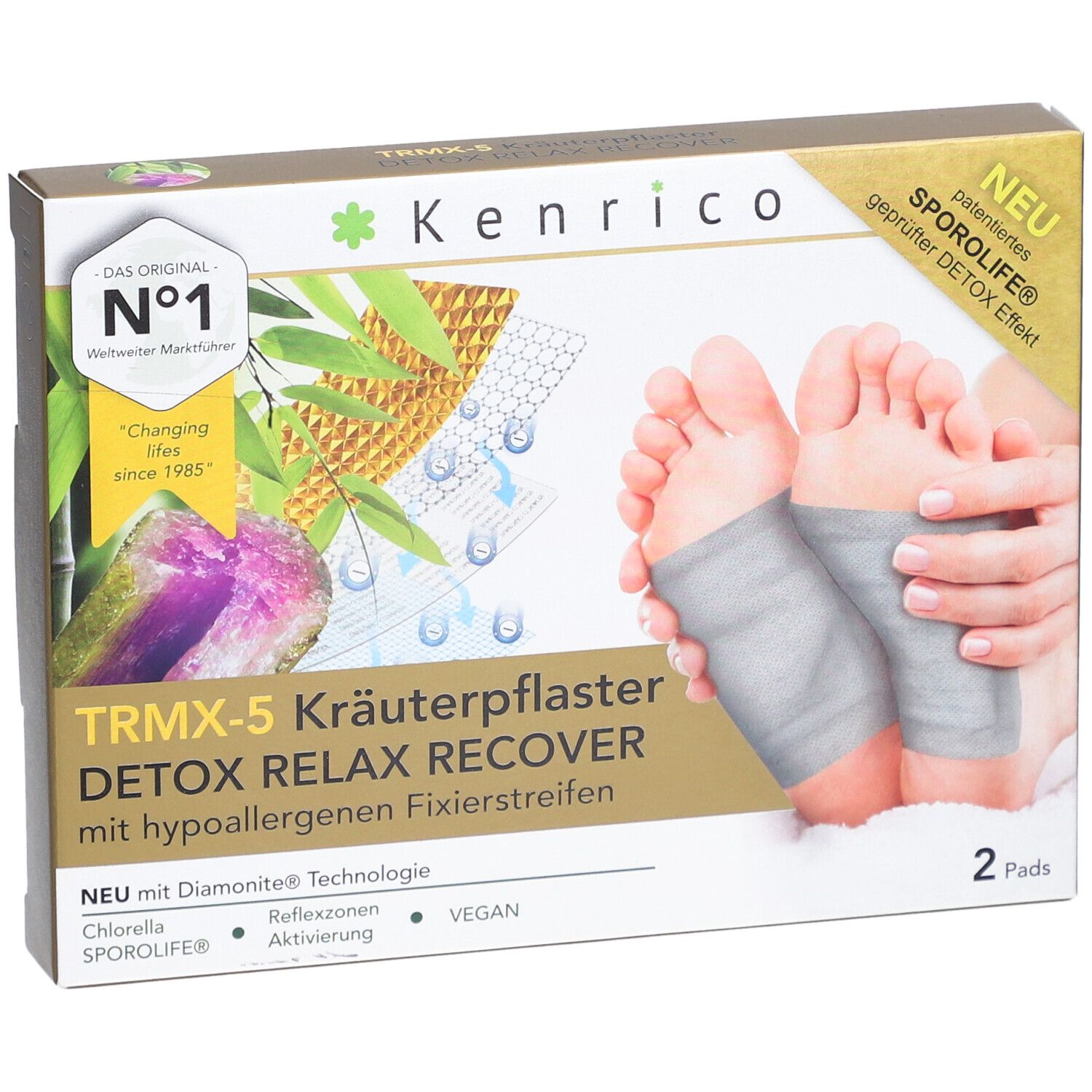 Boîte de patchs aux herbes. Inscription : TRMX-5, Detox, Relax, Recover. Illustration de pieds avec patchs. Marque : Kenrico.