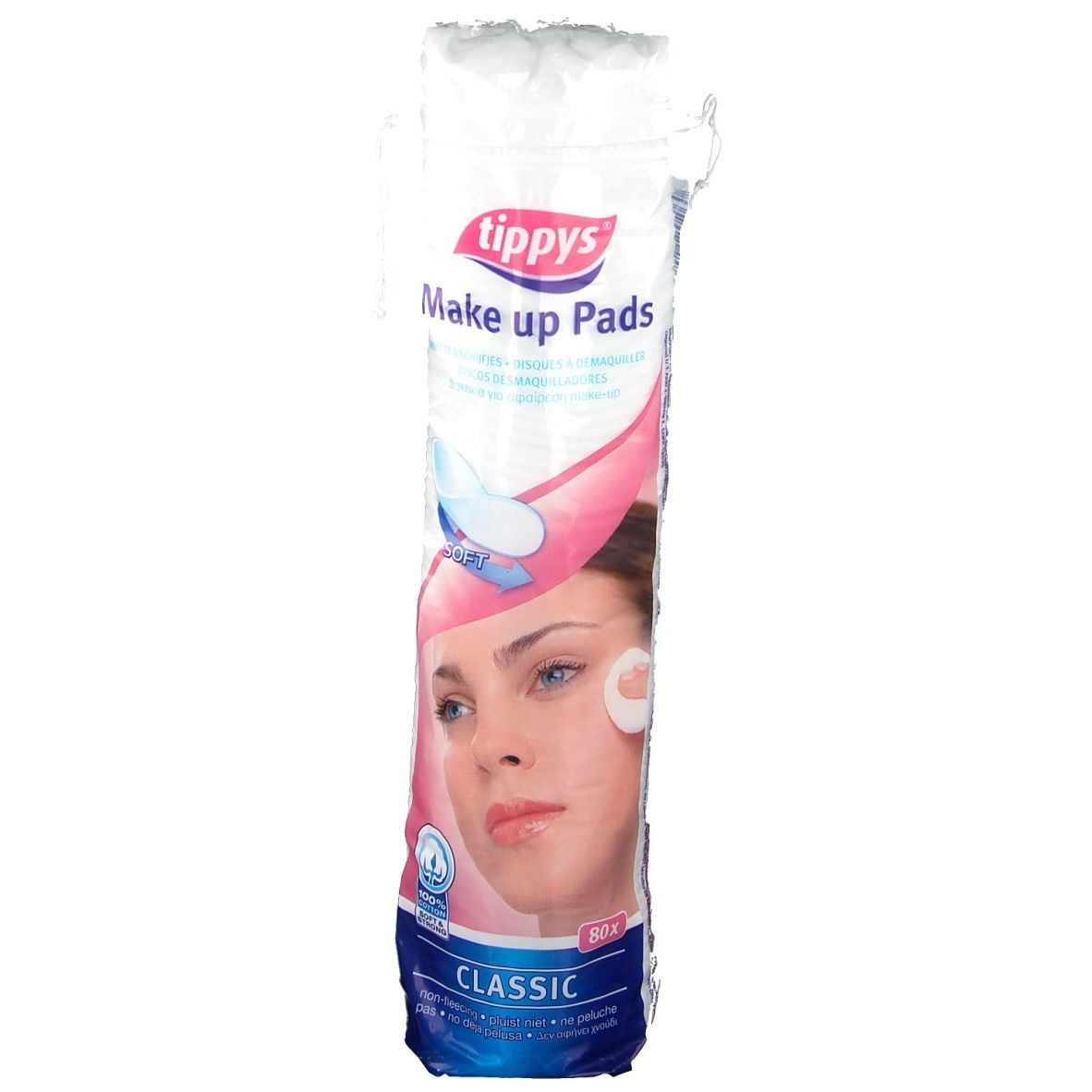 Paquet de tampons de maquillage Tippys. Inscription: Make up Pads, Classic, 80 pièces. Illustration d'un visage avec un tampon.
