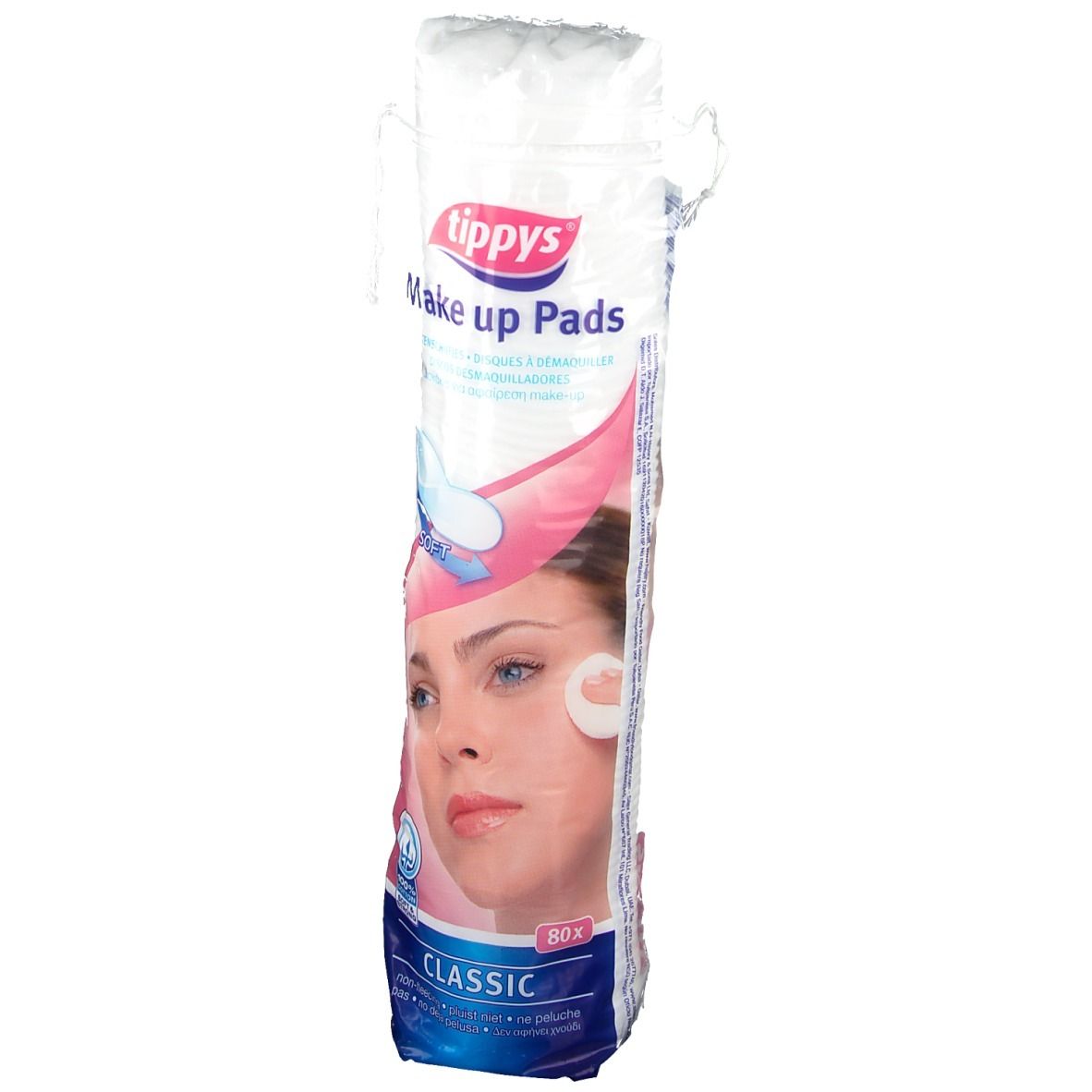 Emballage cylindrique de tampons de maquillage. Inscription: Tippys, Make up Pads, Classic, 80 pièces. Illustration d'un visage avec un tampon.