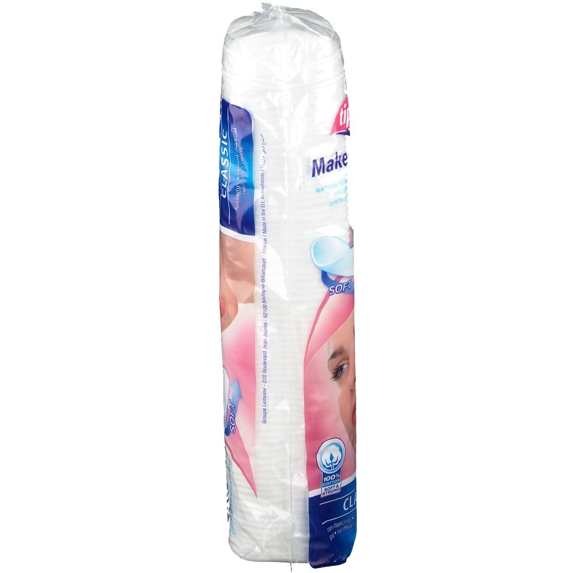 Emballage cylindrique de tampons de maquillage. Inscription: Tippys, Make up Pads, Soft, Classic. Vue latérale.