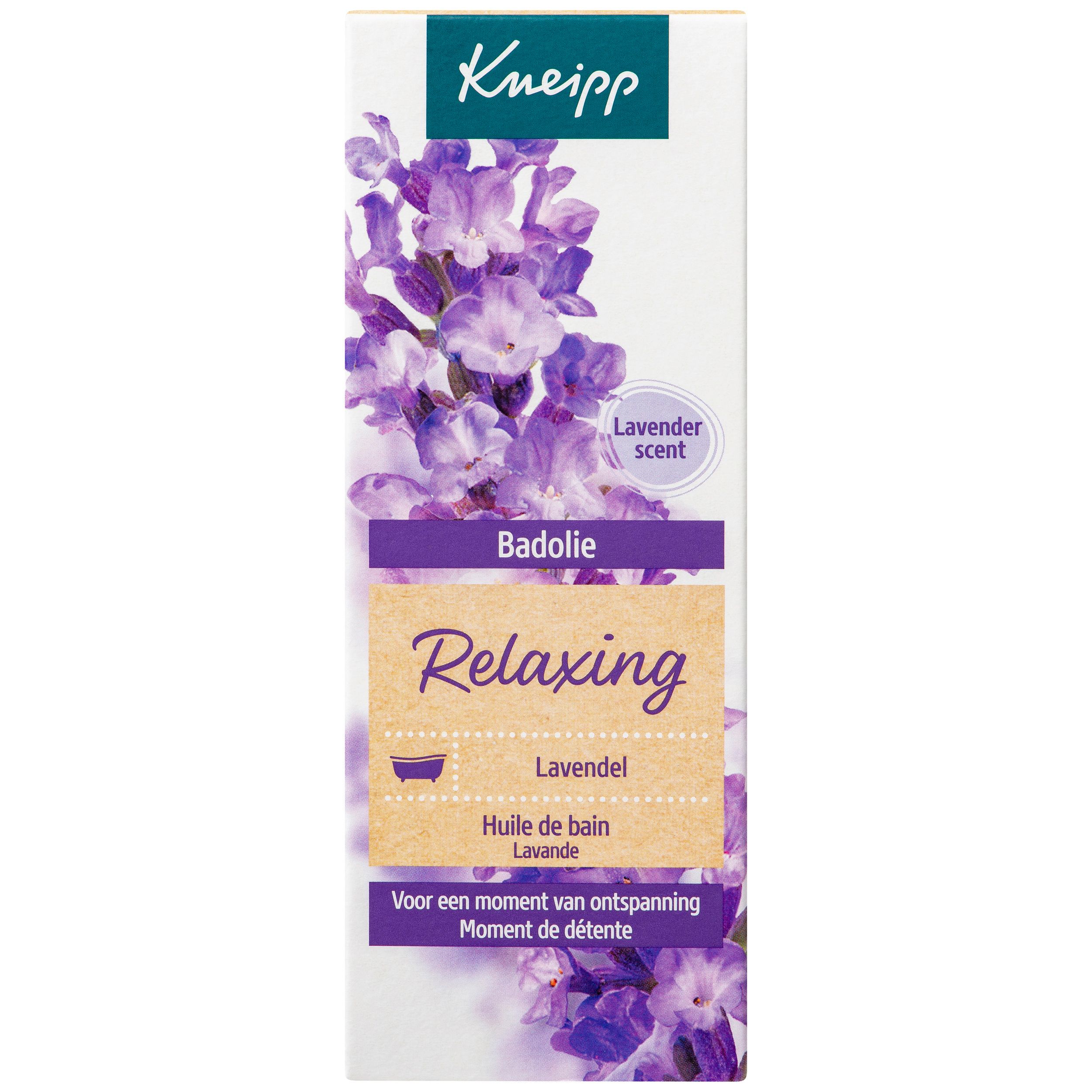 Flacon d'huile de bain bleue et bouchon vert. Inscription: Kneipp, Badolie Relaxing Lavande.