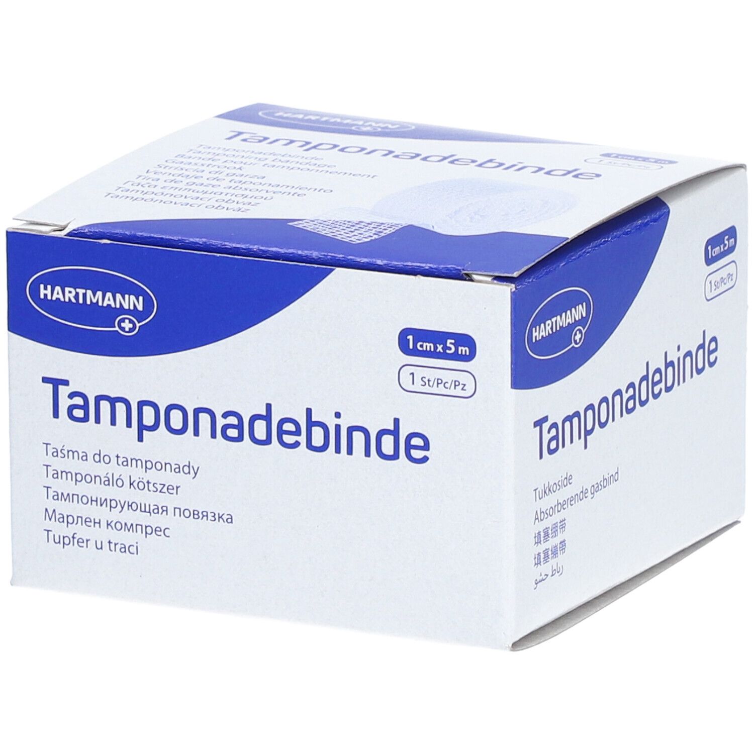 Boîte de Tamponadebinde. Boîte blanche et bleue avec nom du produit et logo Hartmann. Dimensions : 1 cm x 5 m.