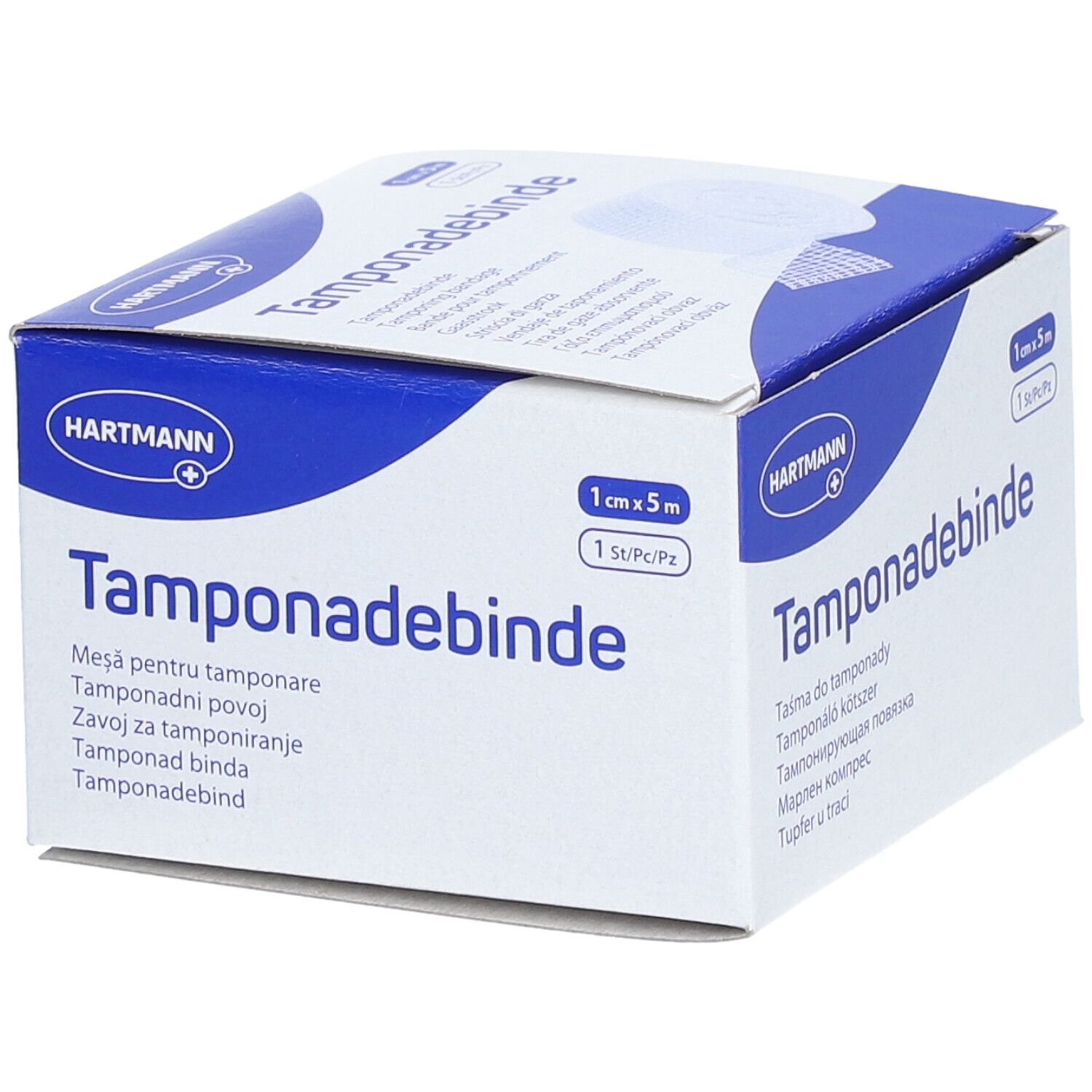 Boîte de Tamponadebinde. Boîte blanche et bleue avec nom du produit et logo Hartmann. Dimensions : 1 cm x 5 m.