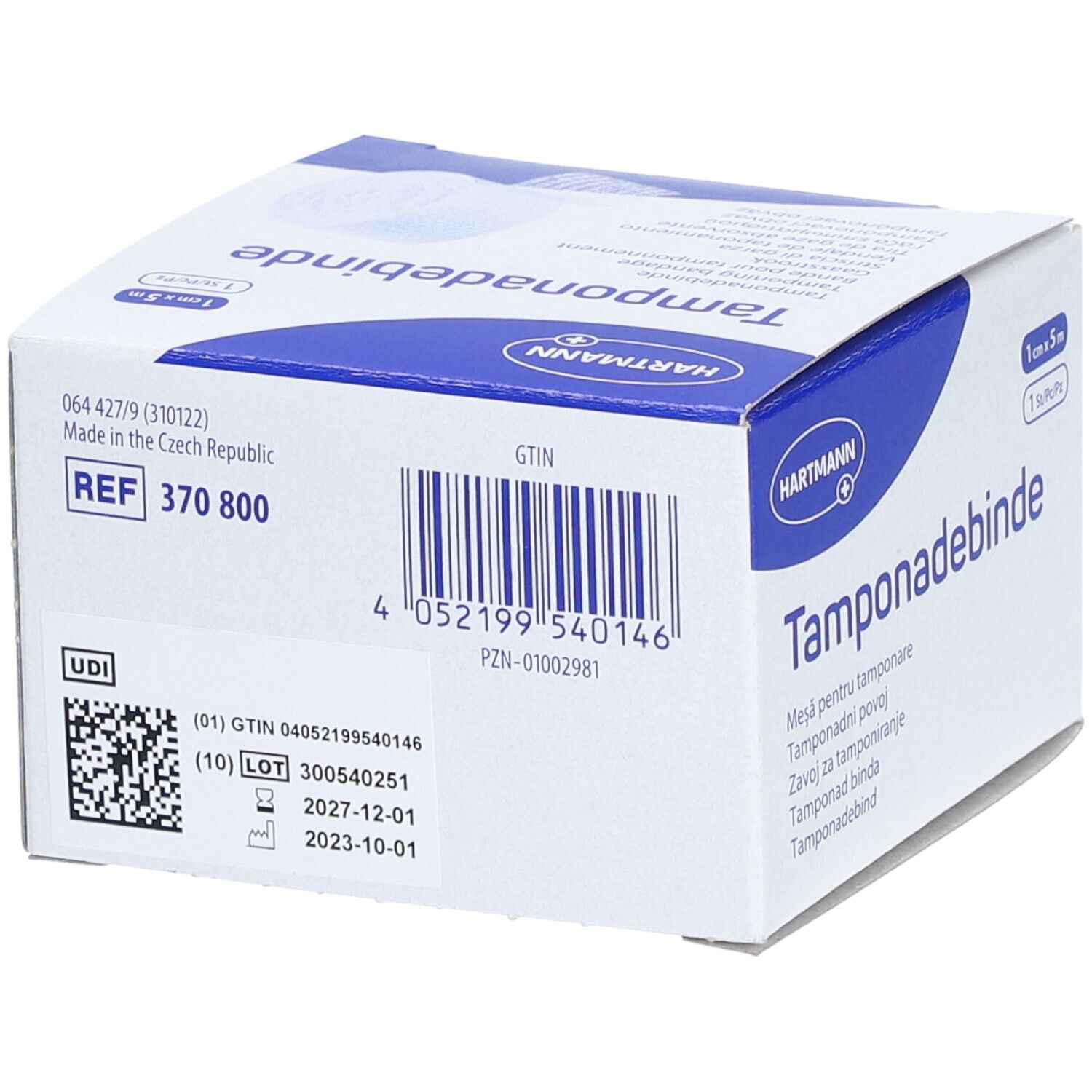 Boîte de Tamponadebinde, dos avec code-barres, numéro REF et date de péremption. Logo Hartmann.