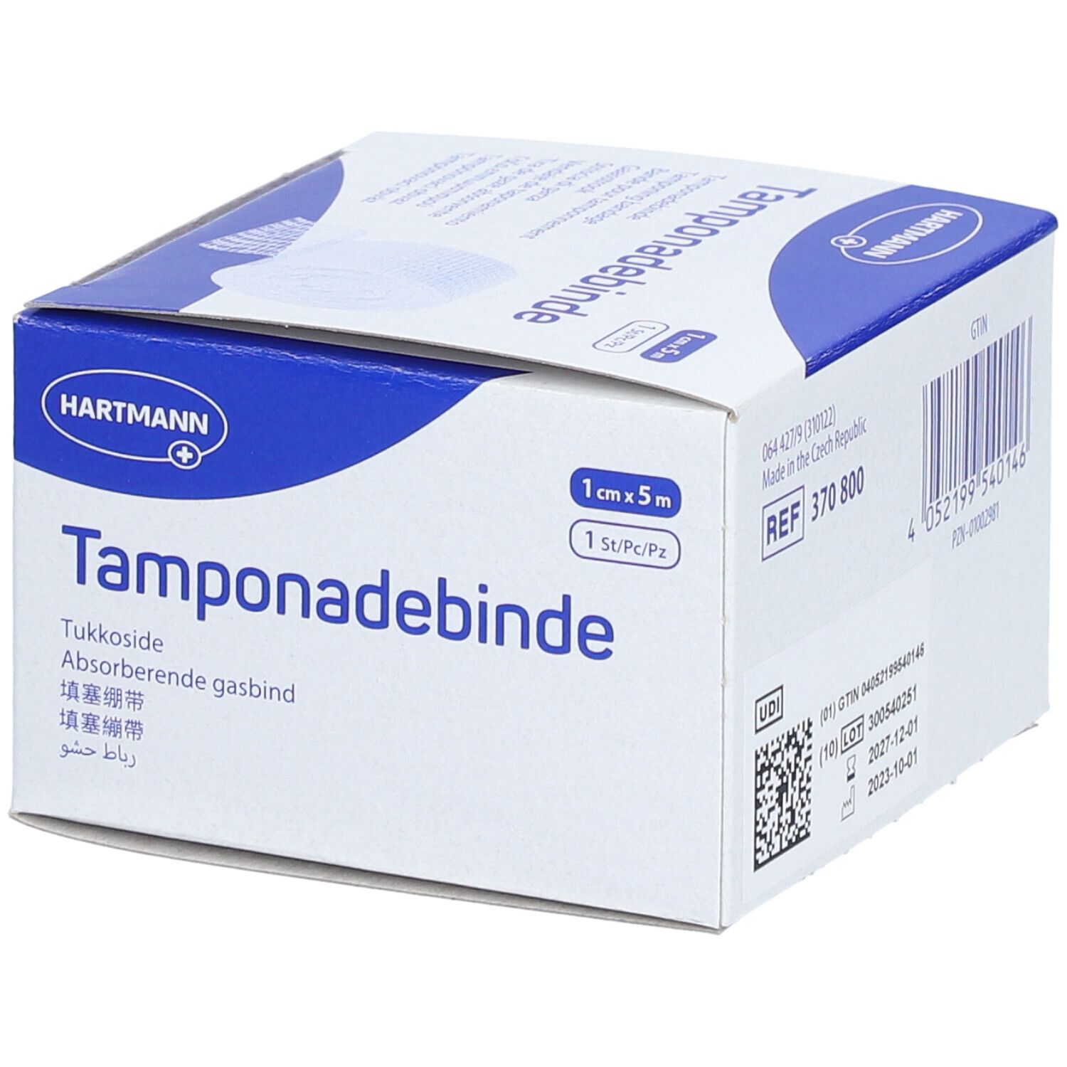Boîte de Tamponadebinde. Boîte blanche et bleue avec nom du produit et logo Hartmann. Dimensions : 1 cm x 5 m.