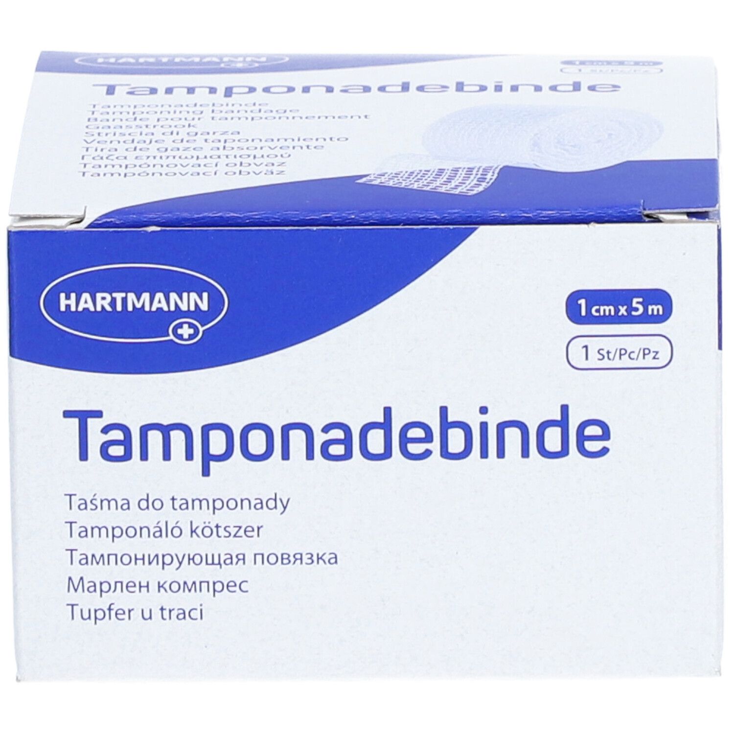 Boîte de Tamponadebinde. Boîte blanche et bleue avec nom du produit et logo Hartmann. Dimensions : 1 cm x 5 m.