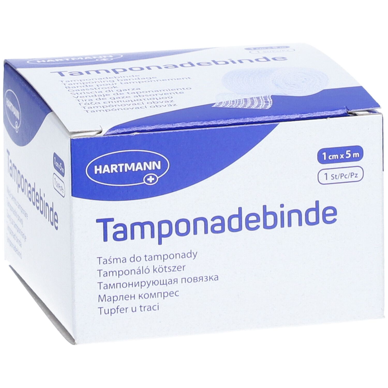 Boîte de Tamponadebinde. Boîte blanche et bleue avec nom du produit et logo Hartmann. Dimensions : 1 cm x 5 m.