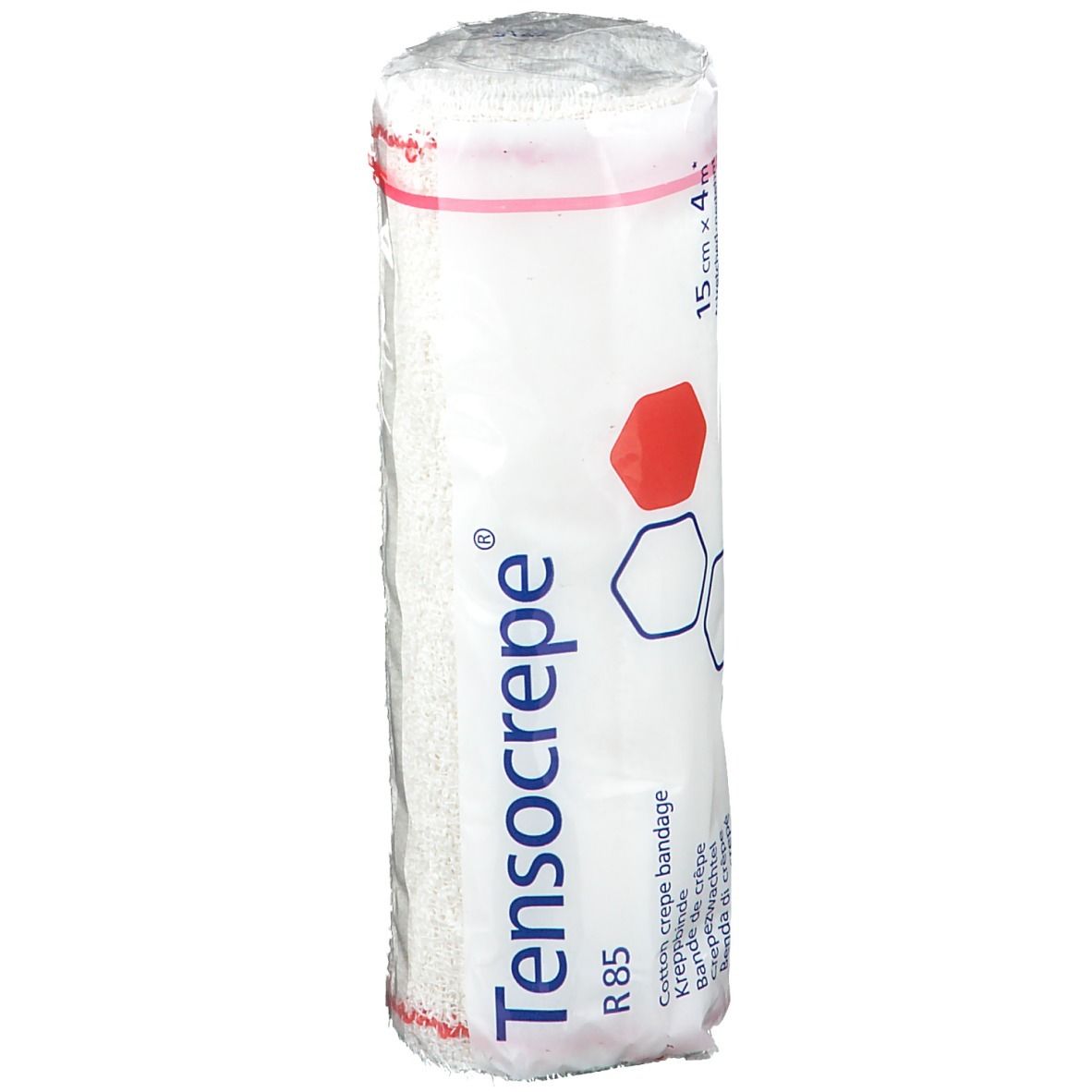Rouleau de bandage dans son emballage. Inscription: Tensocrepe, R85, 15 cm x 4 m. Emballage avec design rouge et bleu.