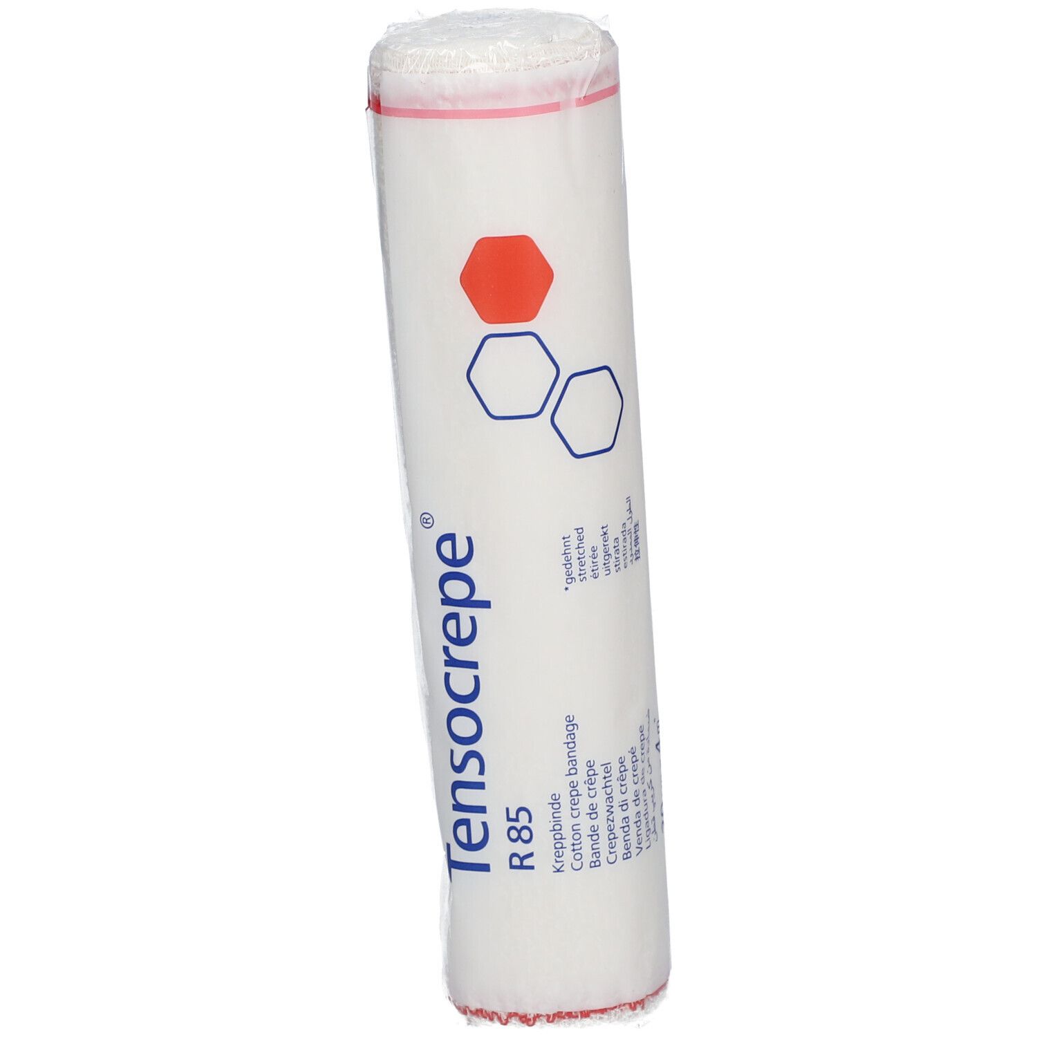 Bandage roulée sous film. Inscription: Tensocrepe R85, logo, indications de taille. Imprimé rouge et bleu.