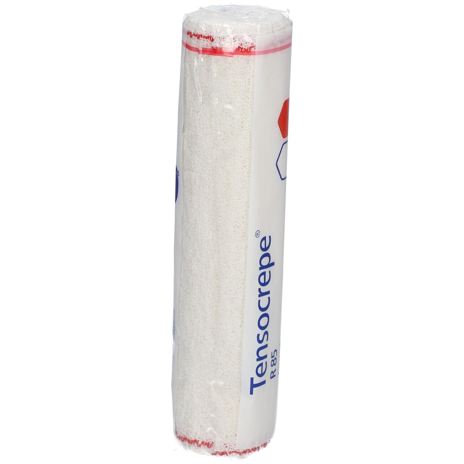 Bandage roulé sous film. Inscription: Tensocrepe R85, logo. Matériau de bandage blanc avec bord rouge.