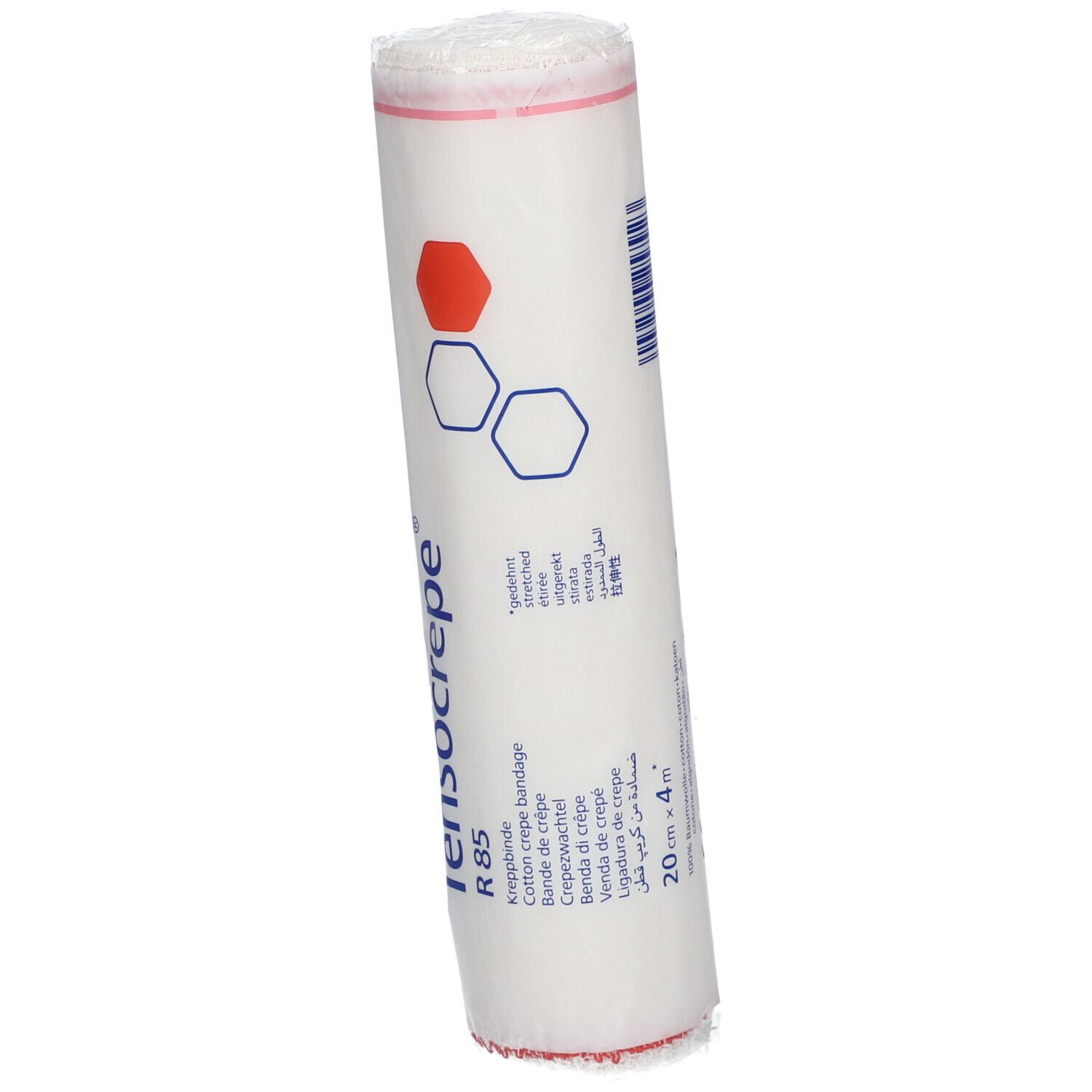Bandage roulé sous film. Inscription: Tensocrepe R85, logo, indications de taille. Imprimé rouge et bleu. Taille: 20cm x 4m.