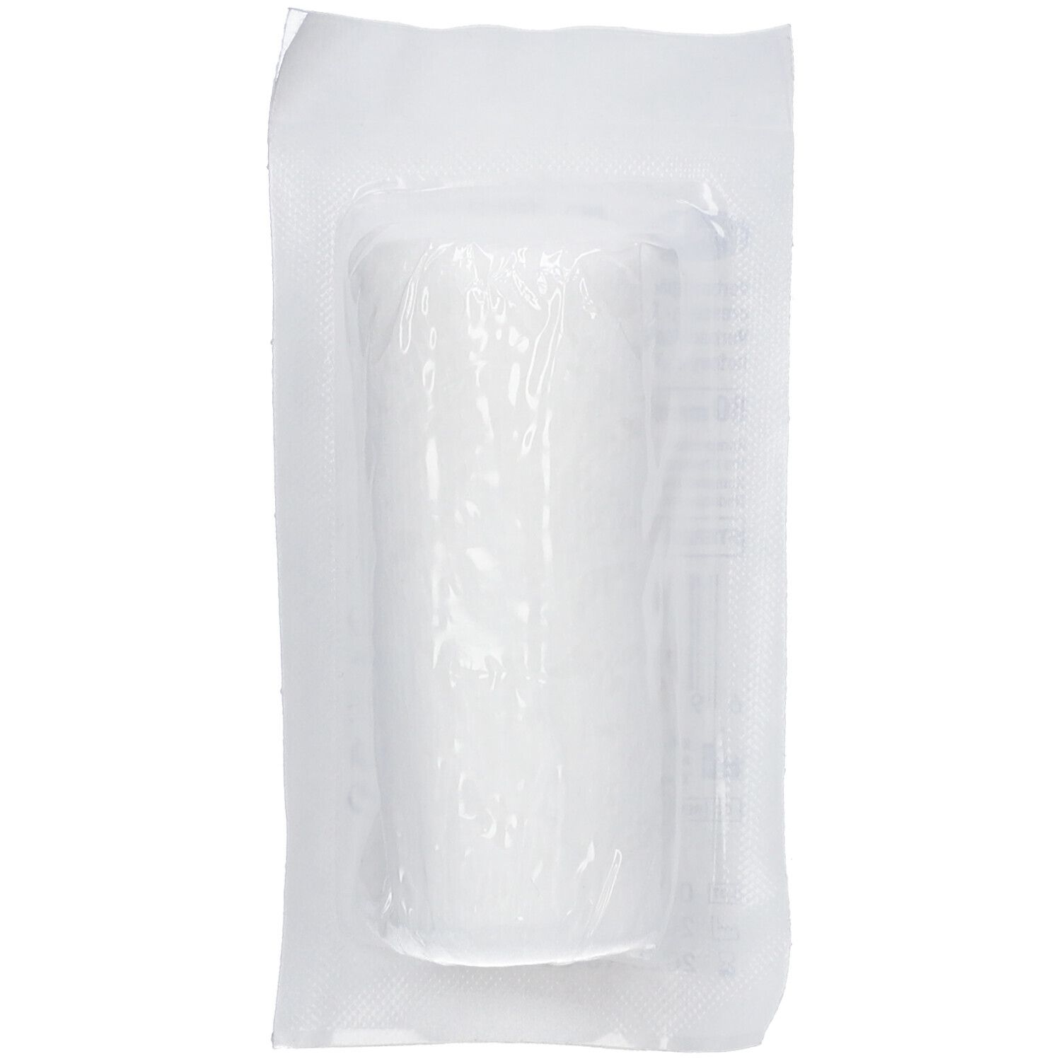 Pansement stérile enroulé dans un emballage plastique transparent.