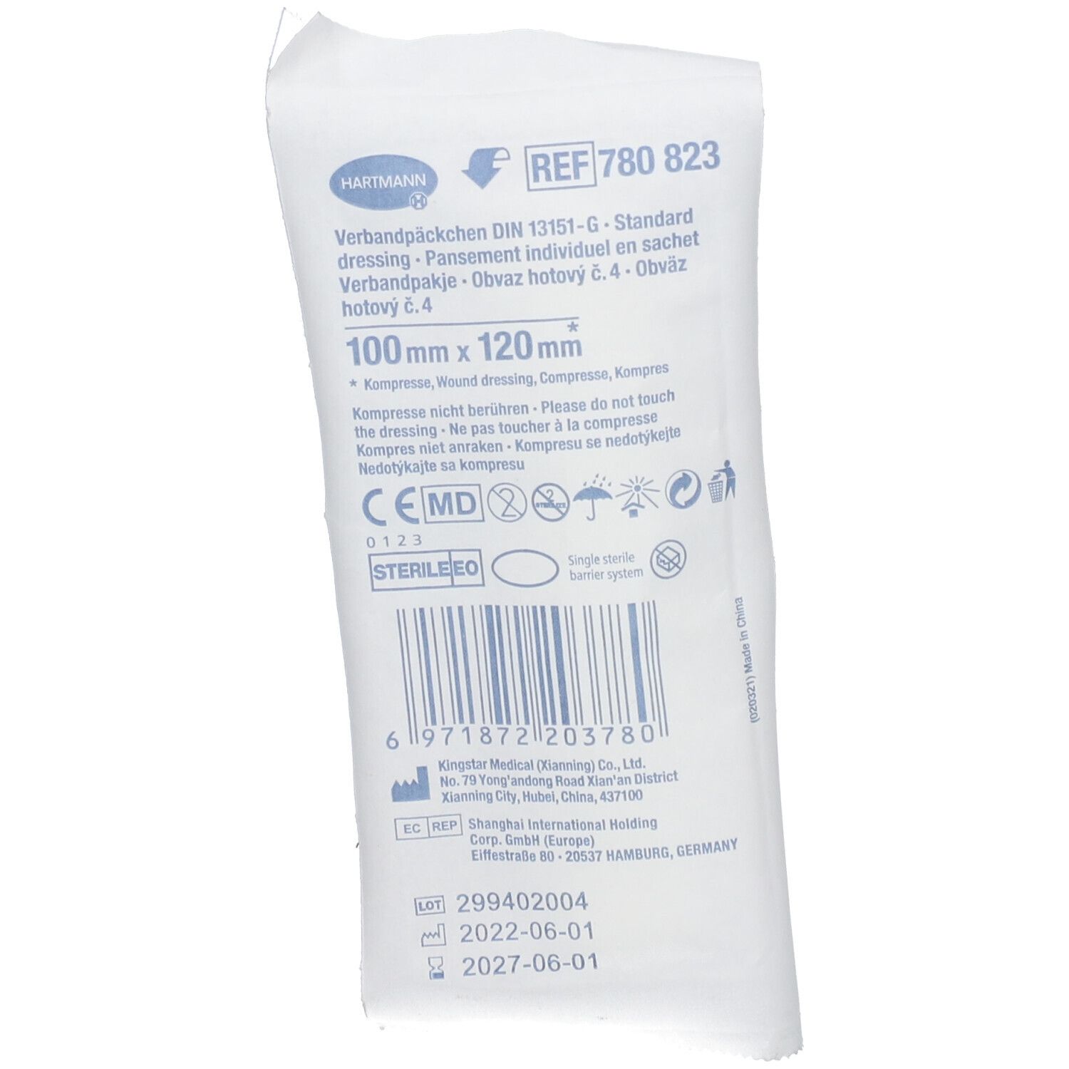 Emballage avec informations produit. Texte: Hartmann, pansement, 100 mm x 120 mm. Code-barres et marquage CE.